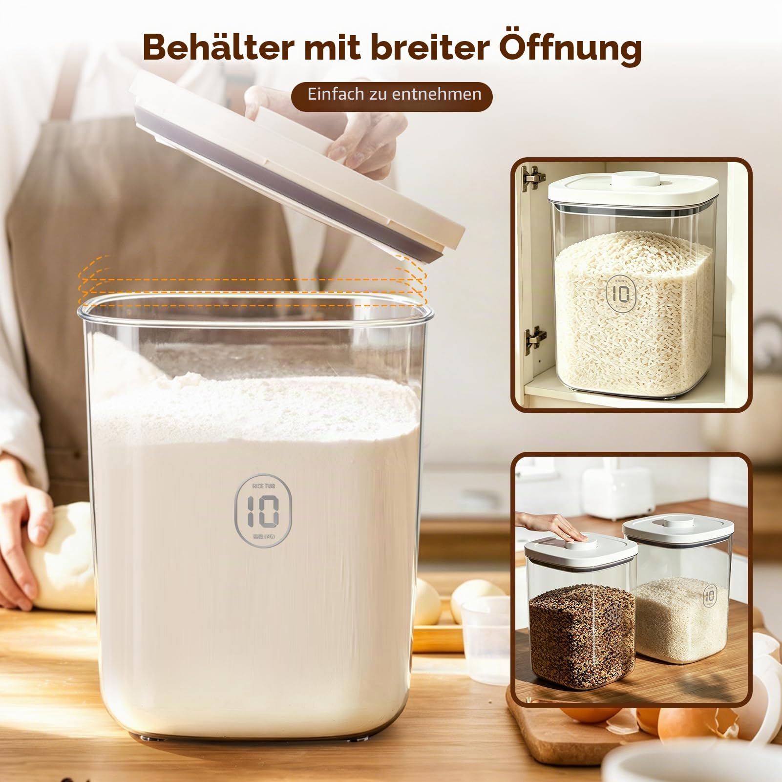Reis Aufbewahrung 10KG mit Messbecher, Trockenfutter Aufbewahrungsbox 11 Liter, Transparent Vorratsdosen mit Deckel Luftdicht Müslispender, Plastik Getreidevorratsbehälter Küche Mehl, Reis