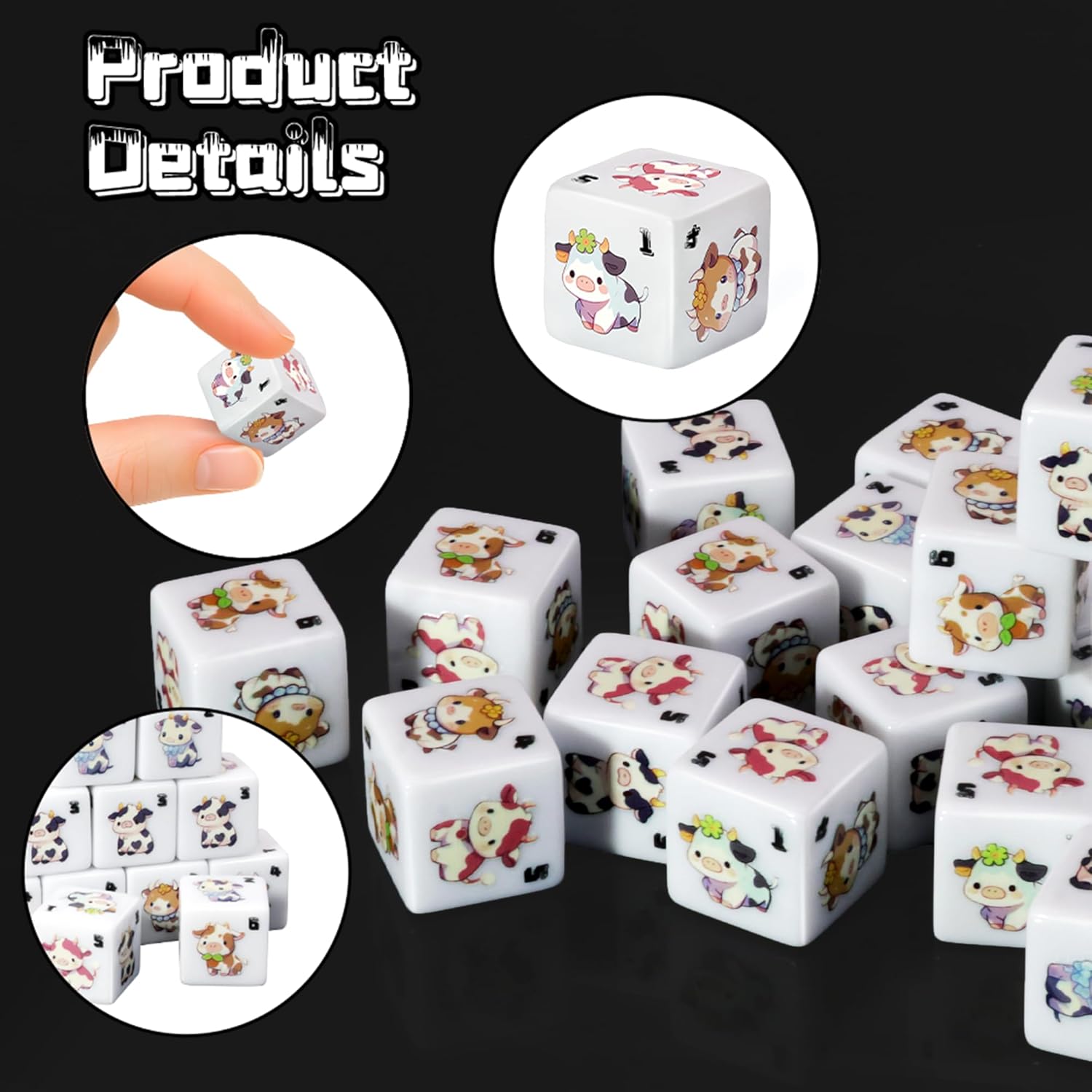 PUDDISOTI Cow Pattern Dice Set, 12 White 6-Sided Dice, Educational Math Learning and Board Games
