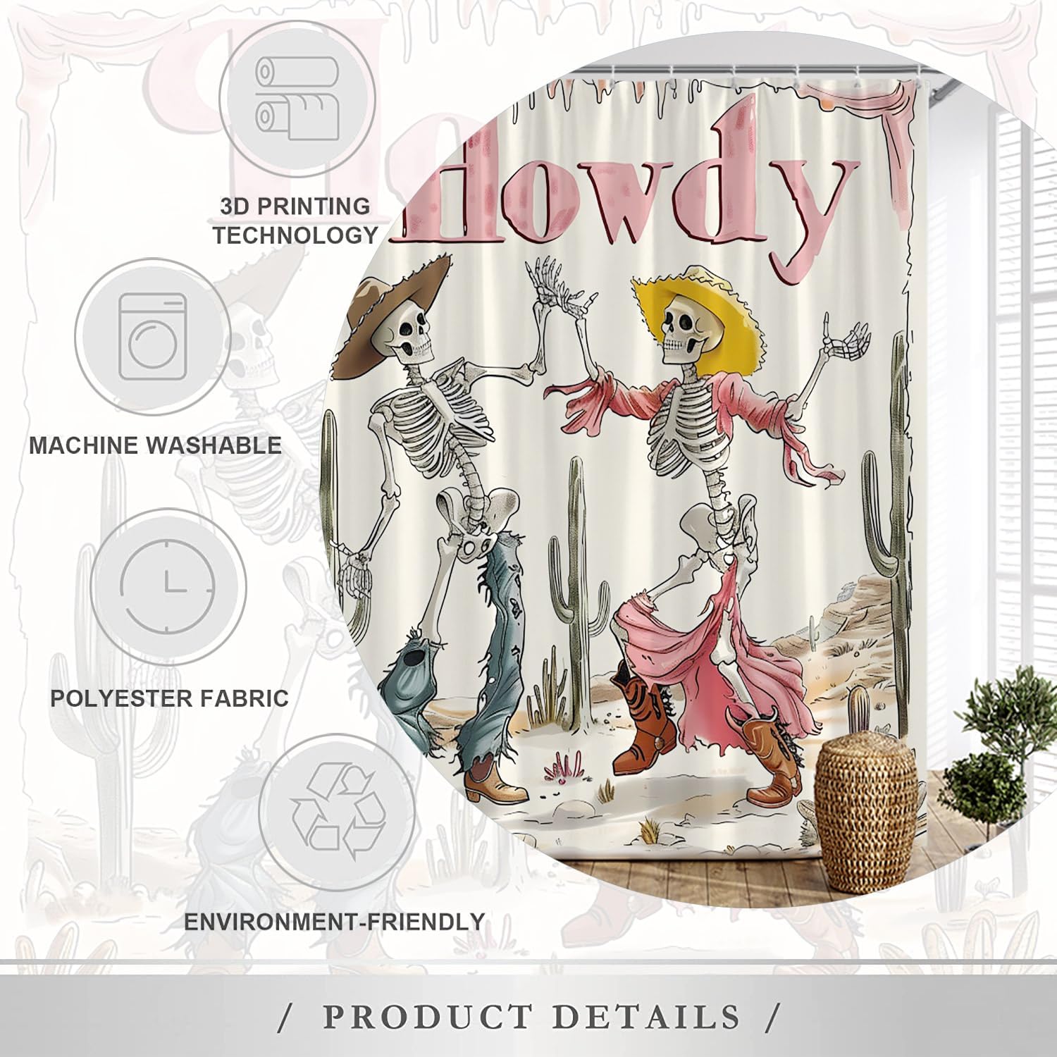 Funny Skeleton Shower Curtain Western Cowboy Gothic Spooky Skull Couple Dancing in The Desert Cactus Fabric Bathroom Decor Set with Hooks 70X88 Inch, Beige Brown, YL8213AM-180X223CM