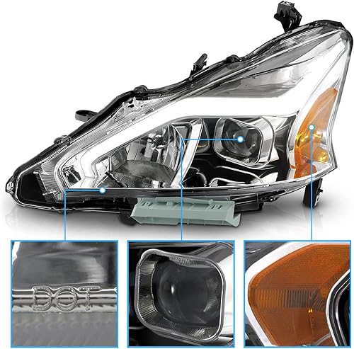 Miniatura 3 de AmeriLite Para Nissan Altima 2013-2015 - Juego de faros delanteros con tubo LED cromados con proyector cuadrado lado del pasajero y del conductor