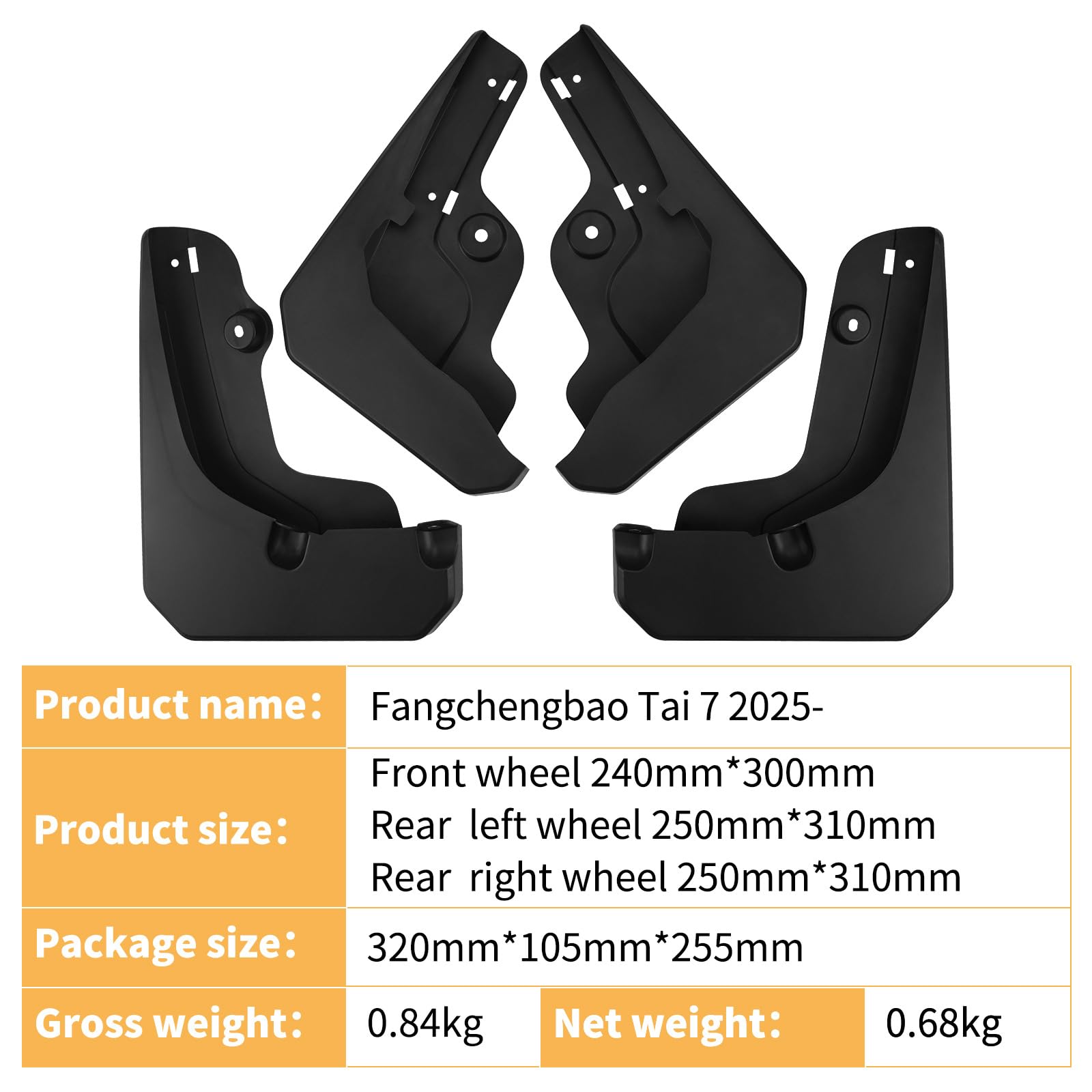 4 Stück Auto Schmutzfänger für BYD Fangchengbao Tai 7 2025, Vorne Hinten Kratzfest Spritzschutz Kotflügel Protection Zubehör