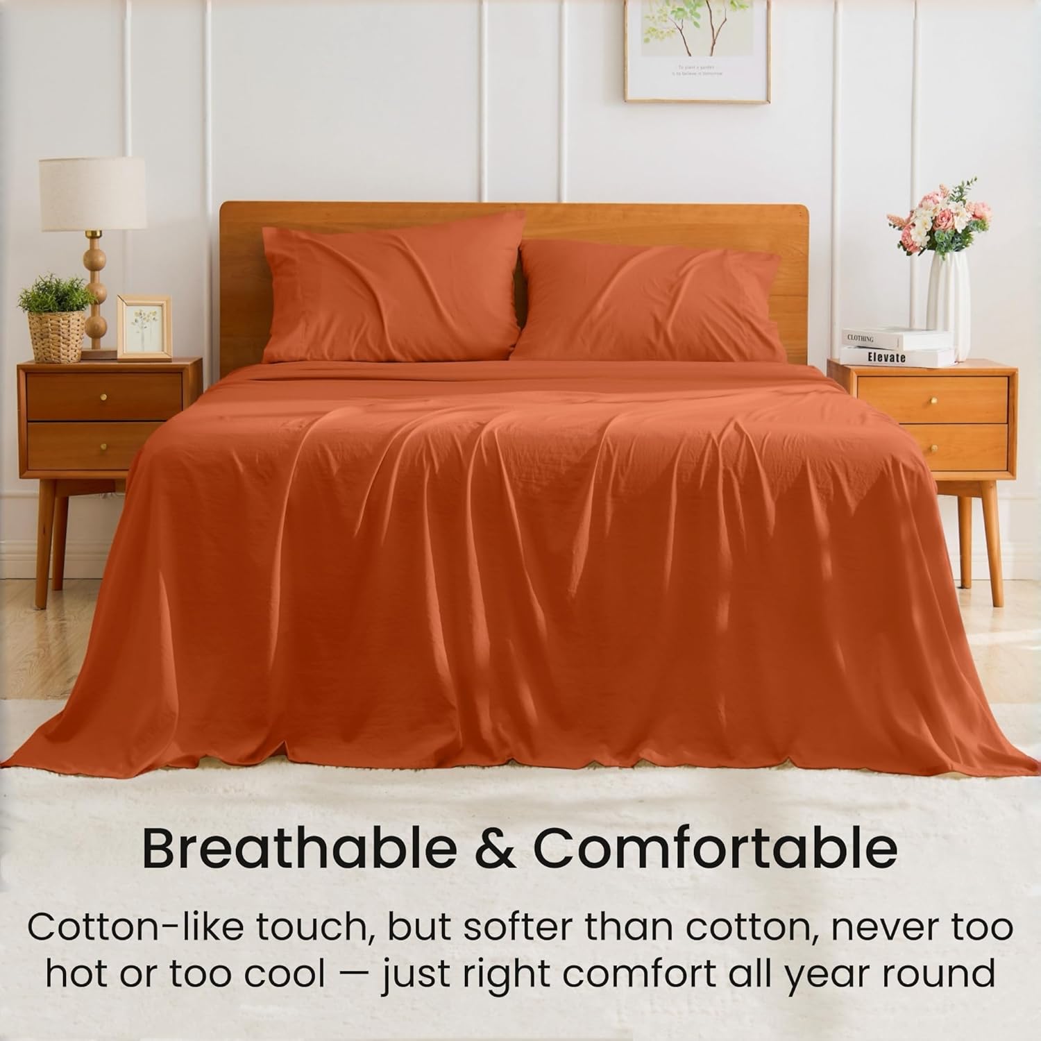 GOKOTTA 4-Pcs Queen Sheet Set, 16 Inch Deep Pocket Queen Sheets with Elastic Corner Straps, Brushed Microfiber Polyester - Hotel Luxury, Ultra Soft, Breathable, Wrinkle-Free - Burnt Orange