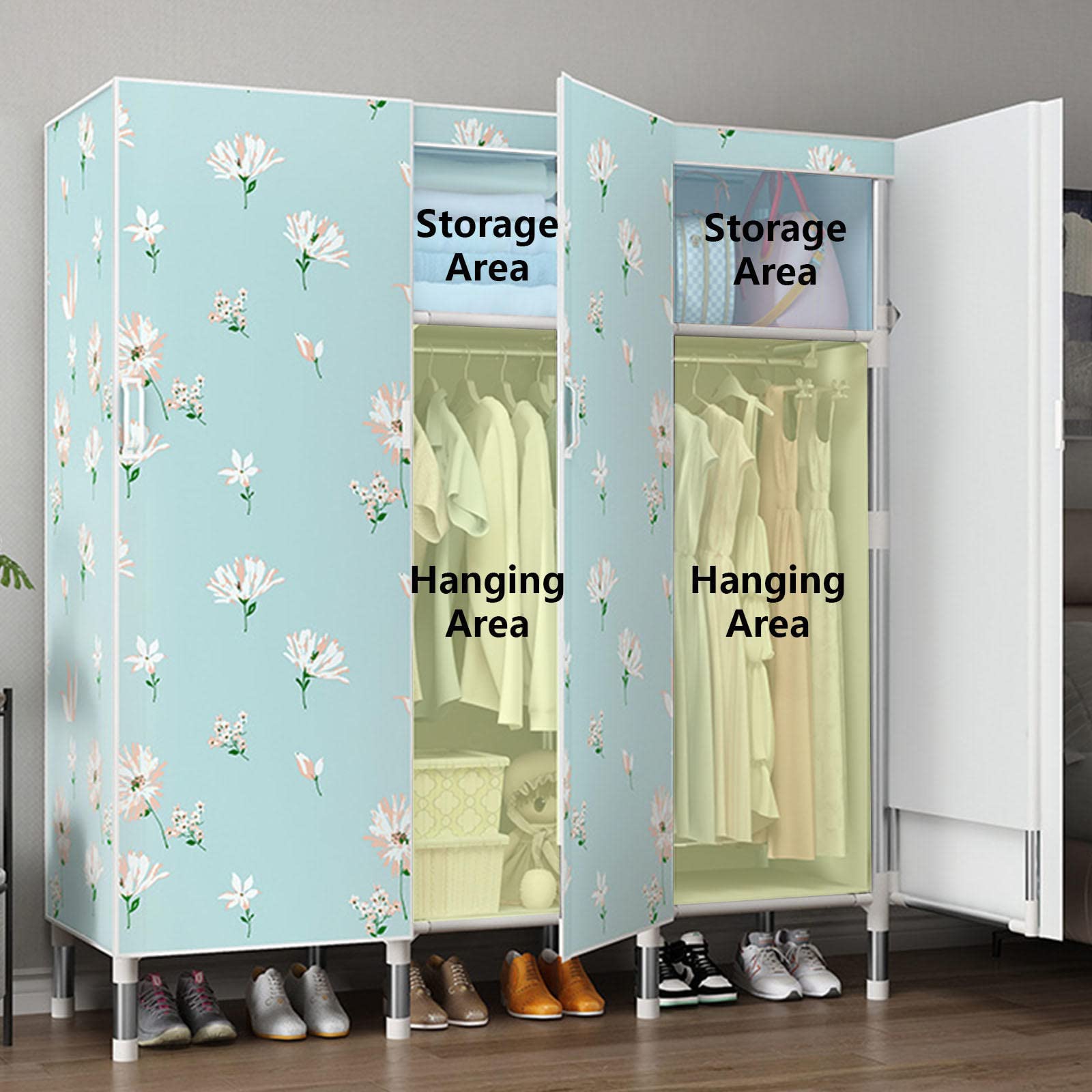 Kleiderschrank Tragbarer Kleiderschrank, faltbarer Kleiderschrank mit Kleiderstange, Regalen, Kleiderschrank-Aufbewahrungsorganisator für Schlafzimmer,D-205x50x172cm