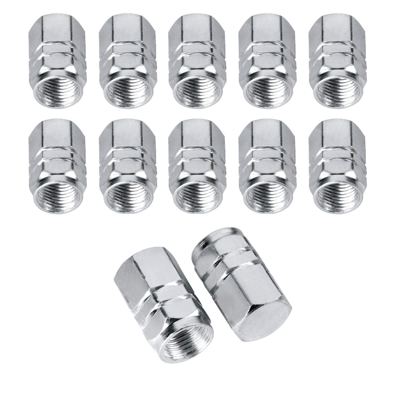 BEADNOVA Valve Stem Caps Aluminum Chrome Caps for Tires Valve (12pcs Pack,Silver)