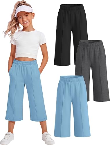 YooAurvox 3 Pack Girls Capri Pants with Pocket, Summer Wide Leg Pants, Back to S