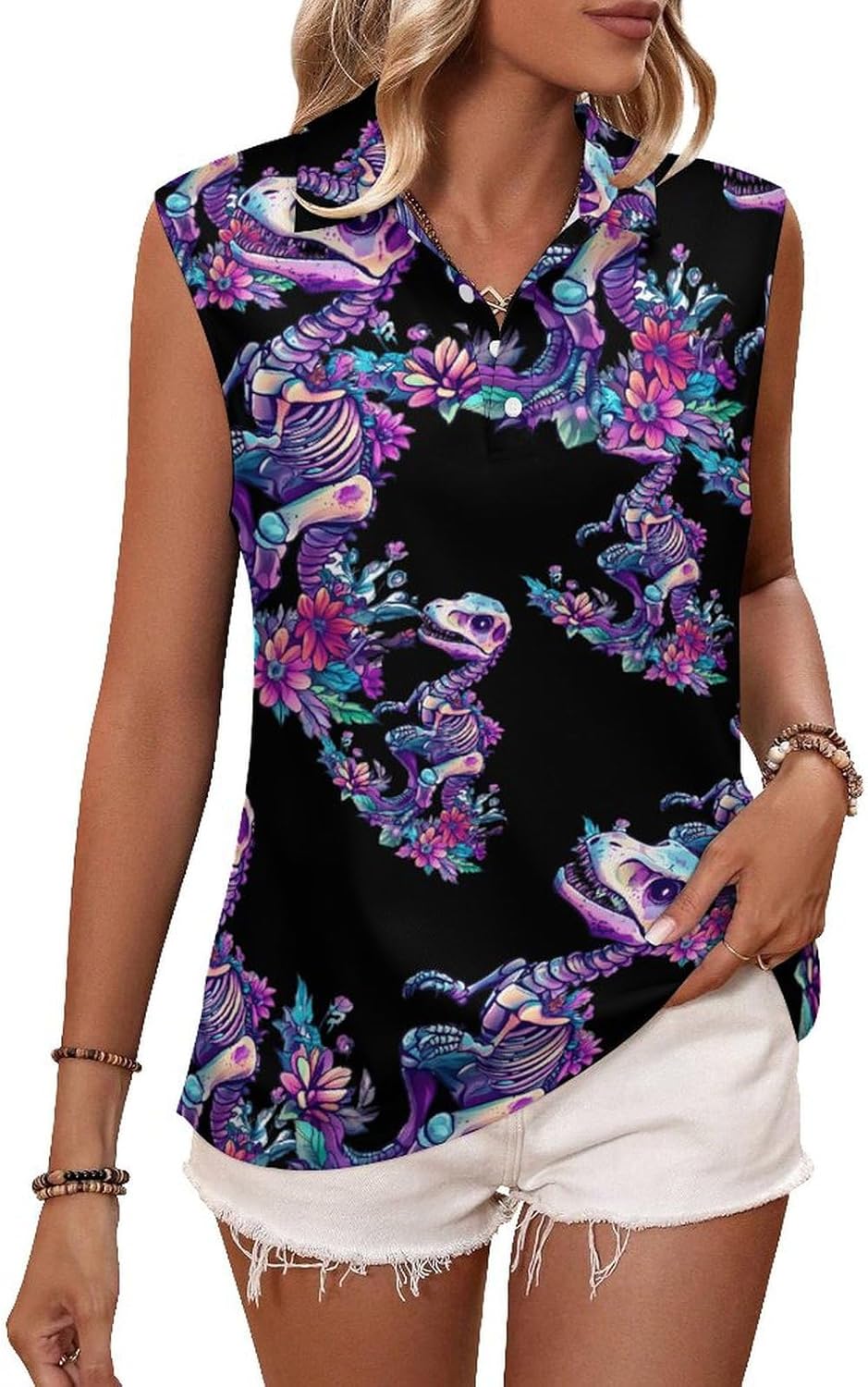 Skeleton Dinosau Bones Paleontologist Womens Golf Shirts Print Polo Shirt Sleeveless Tank Top Casual Work Blouses