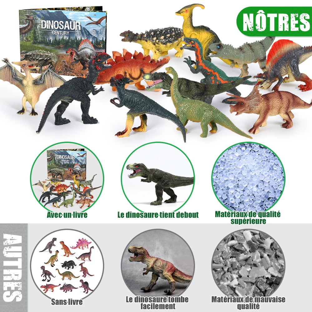FRUSE Dinosaure Jouet,12 Pcs Grandes Réaliste Figurine Dinosaure avec T-Rex,Seau de Stockage,Livre Dinausaures,Dinosaure Cadeaux pour Enfants Garçons et Filles 3 4 5 6 7 Ans