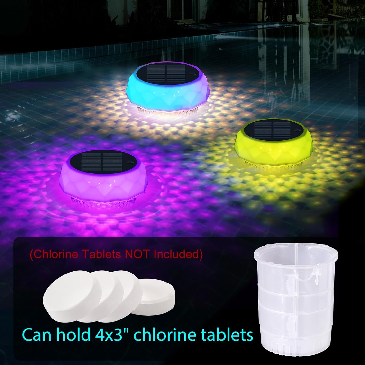 Solar Pool Chlorine Floater 2 Packs,Floating Colorful Induction Lights Chlorine Dispenser for 4x3'' Tablets, Adjustable Release & Easy Opening Holder for Indoor & Outdoor Swimming Pool Hot Tub and Spa