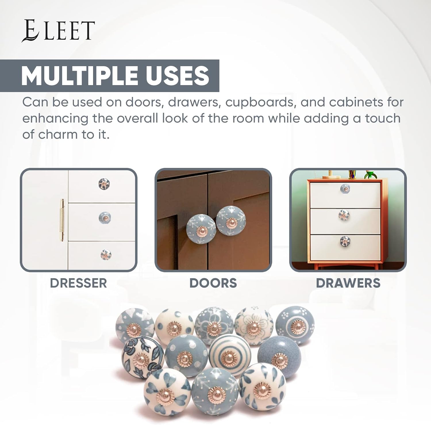 Eleet Assorted Ceramic Cabinet Knobs - Vintage Cabinet Cupboard Door & Drawer Pulls Chrome Hardware (Ceramic Knobs Set of 12, Grey & White)