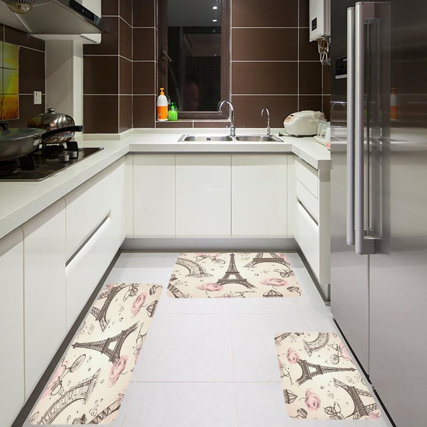 The Eiffel Tower and A Bicycle Kitchen Mat Set of 3 Waterproof Floor Mats Non-Slip Kitchen Rugs Premium Flannel Rug Heavy Duty Standing Mat for Kitchen Home Bathroom Laundry