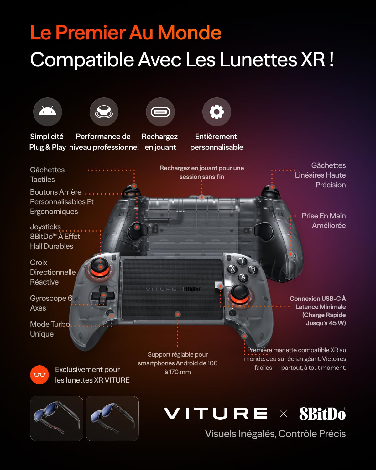 VITURE x 8BitDo Ultimate Mobile Gaming Controller - 1er Mondial Pour Lunettes XR | USB-C Latence Min, Sticks Effet Hall, Jeu+Charge, Perf Pro Android