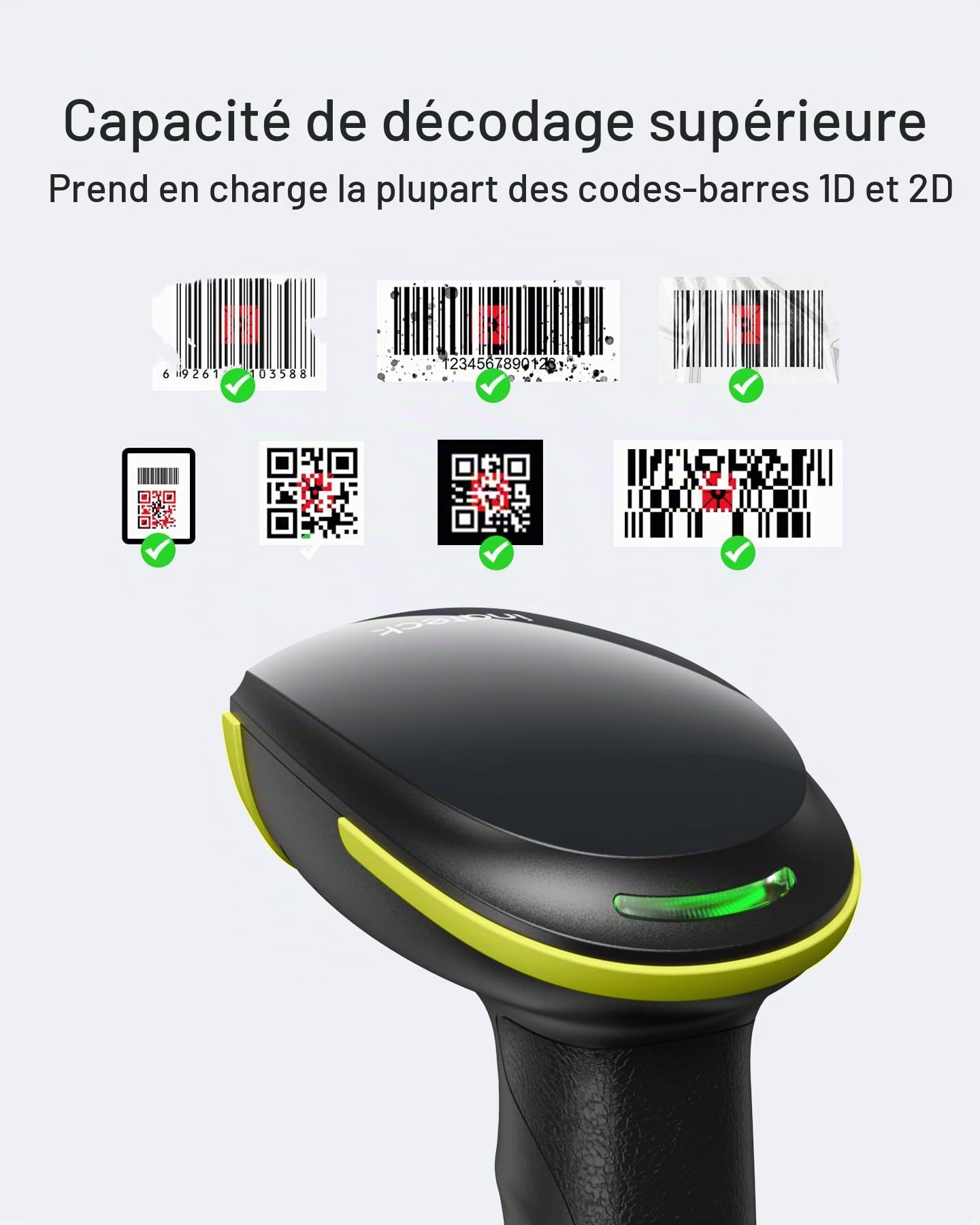Inateck 2D Douchette Code Barre avec Support, Lecteur Code Barre sans Fil avec APP et SDK, Scanette QR avec Batterie 2600mAh, BCST-35, Vert