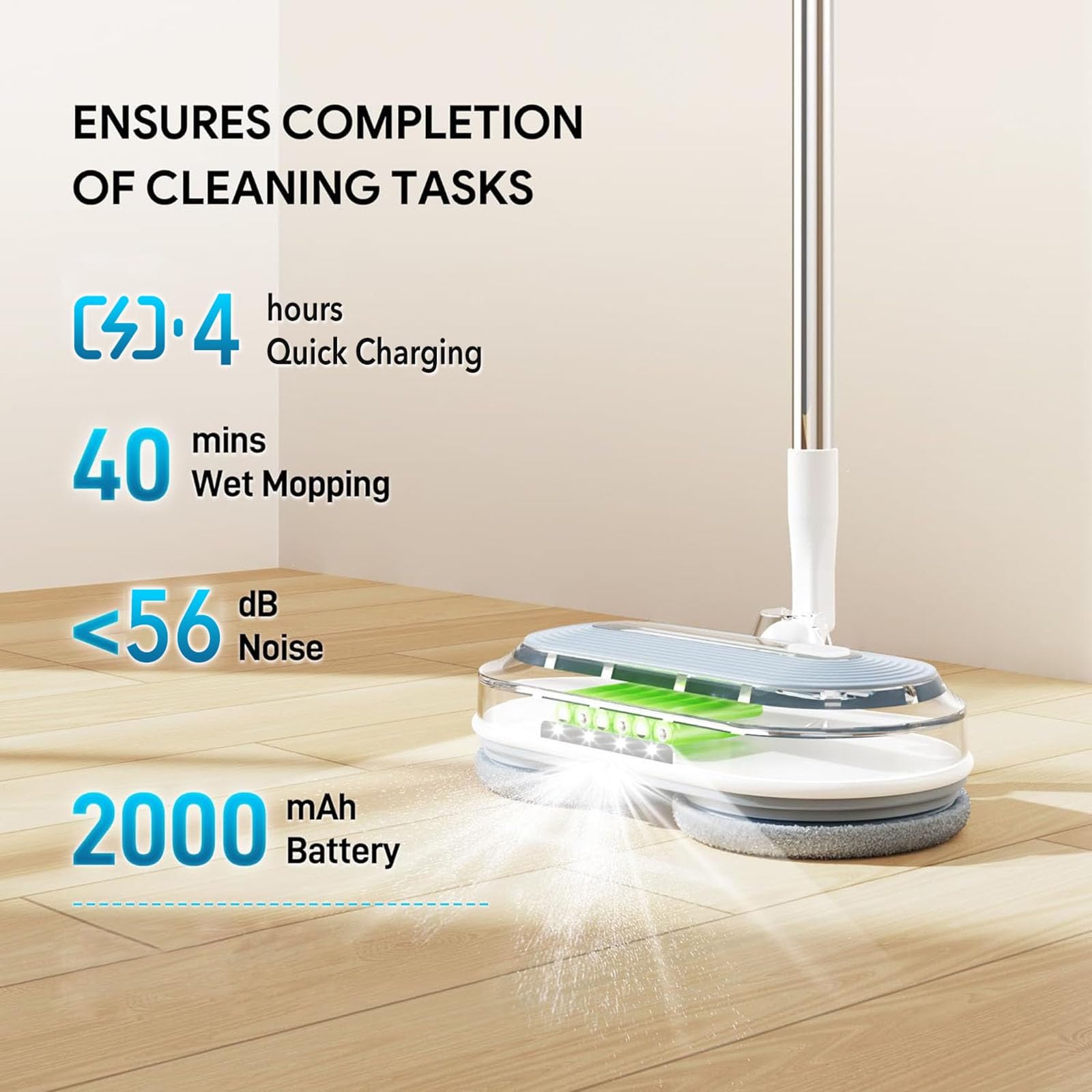 Bezprzewodowy mop elektryczny, odkurzacz do podłóg z reflektorem LED i spryskiwaczem wody, mocny mop wirowy ze zbiornikiem na wodę o pojemności 200 ml, do podłóg laminowanych z twardego drewna