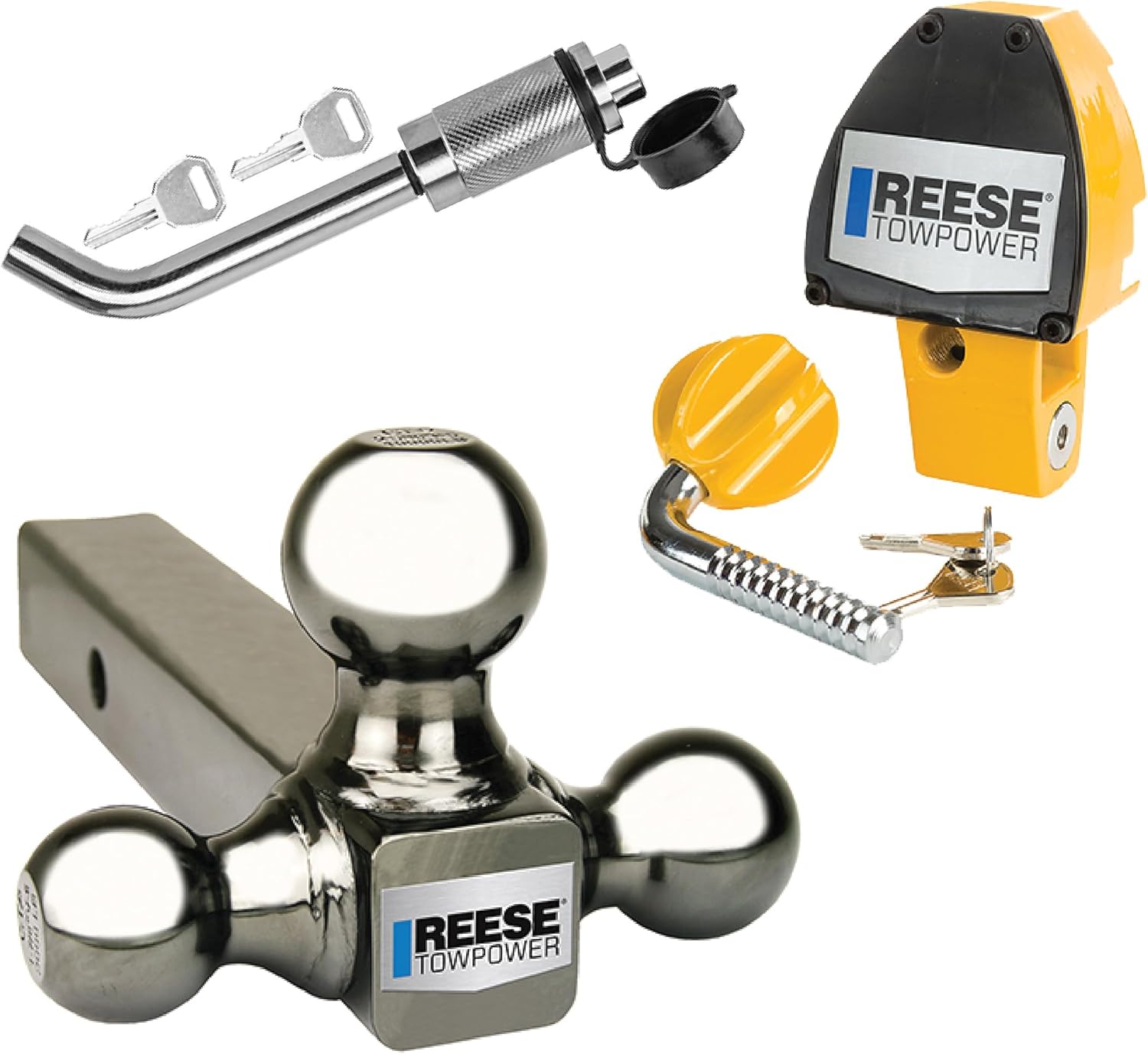 REESE Towpower 7039800 Tri-Ball Hitch Mount, 2in. Square Reciever, 7066900 Professional Universal Coupler Lock and 7033300 Trailer Hitch Class V Bent Pin Style Receiver Lock Set with 2 Keys