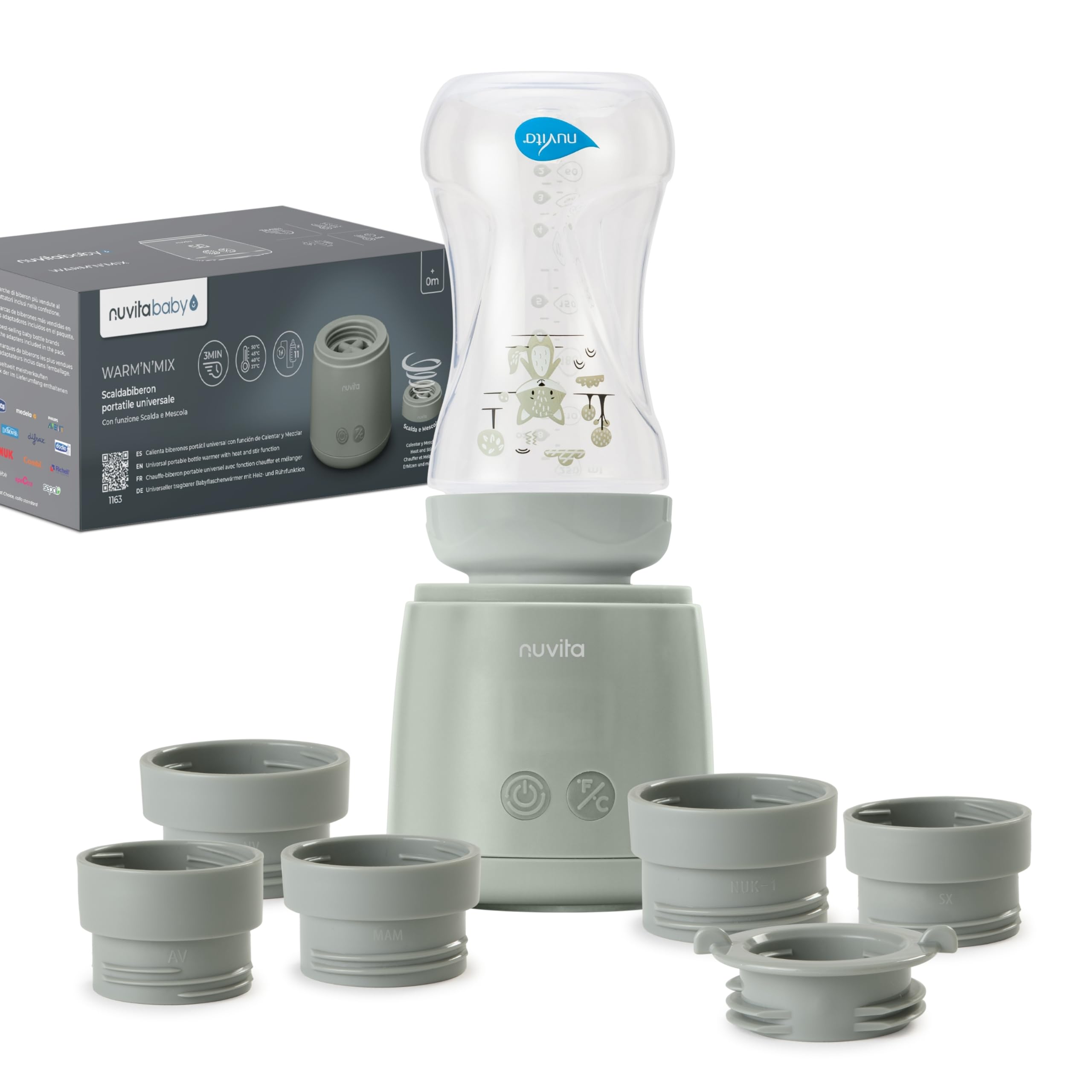 Nuvita 1163 Warm’n’Mix Calentador de Biberones Portátil con batería y Función de Calentamiento y Mezcla – Calentamiento Rápido en 3 Minutos, 4 Configuraciones de Temperatura, Compatibilidad Universal