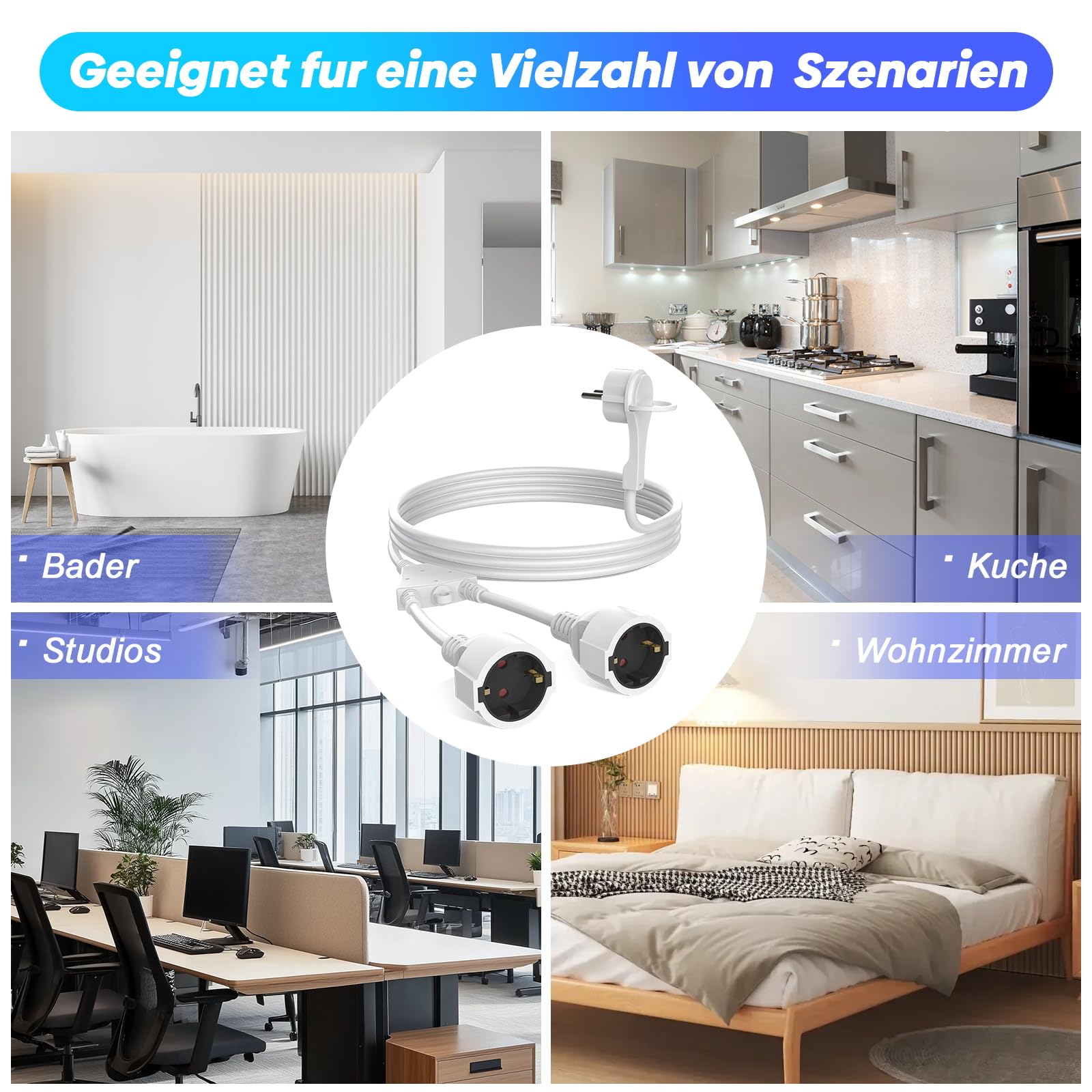 HITRENDS 7M Stromkabel Verlängerung Netzkabel, 2-Fach Schutzkontakt Verlängerungskabel Außen, Mit Flachstecker Steckdosen AC Schuko, IP44 für Zuhause, Büro, bis 250V/16A, Weiß