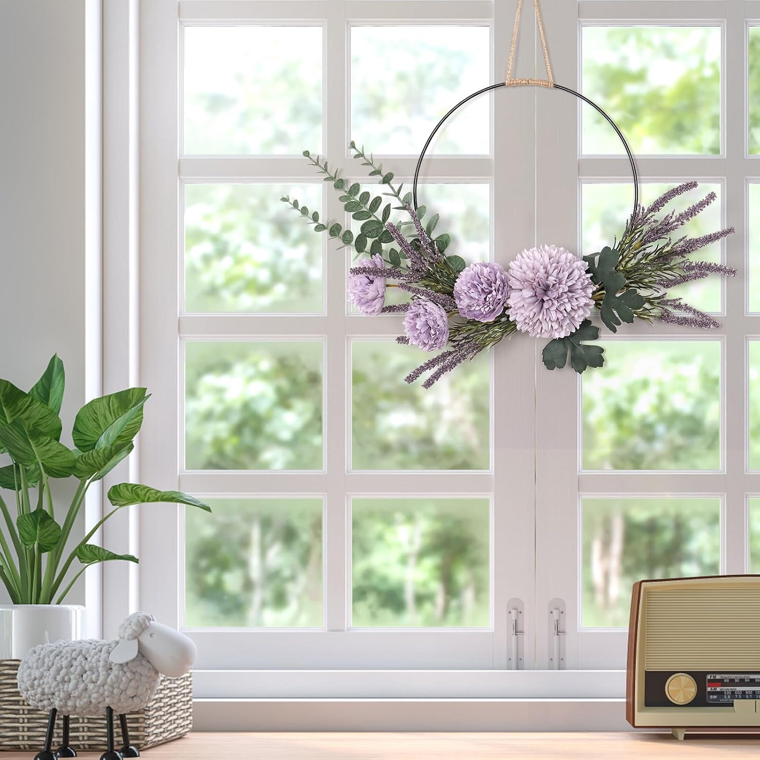 KHOYIME Floral Wreaths for Front Door, Artificial Purple Ranunculus Lavender Flower Wreath Outside All Season with Eucalyptus Stems Chrysanthemums Indoor Outdoor Porch Home Wall Window Hanging Decor
