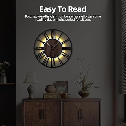 Miniatura 5 de Reloj de pared de metal grande de 24 pulgadas con sensor de voz y luz, luz nocturna, que brilla en la oscuridad, sin tictac, funciona con pilas,