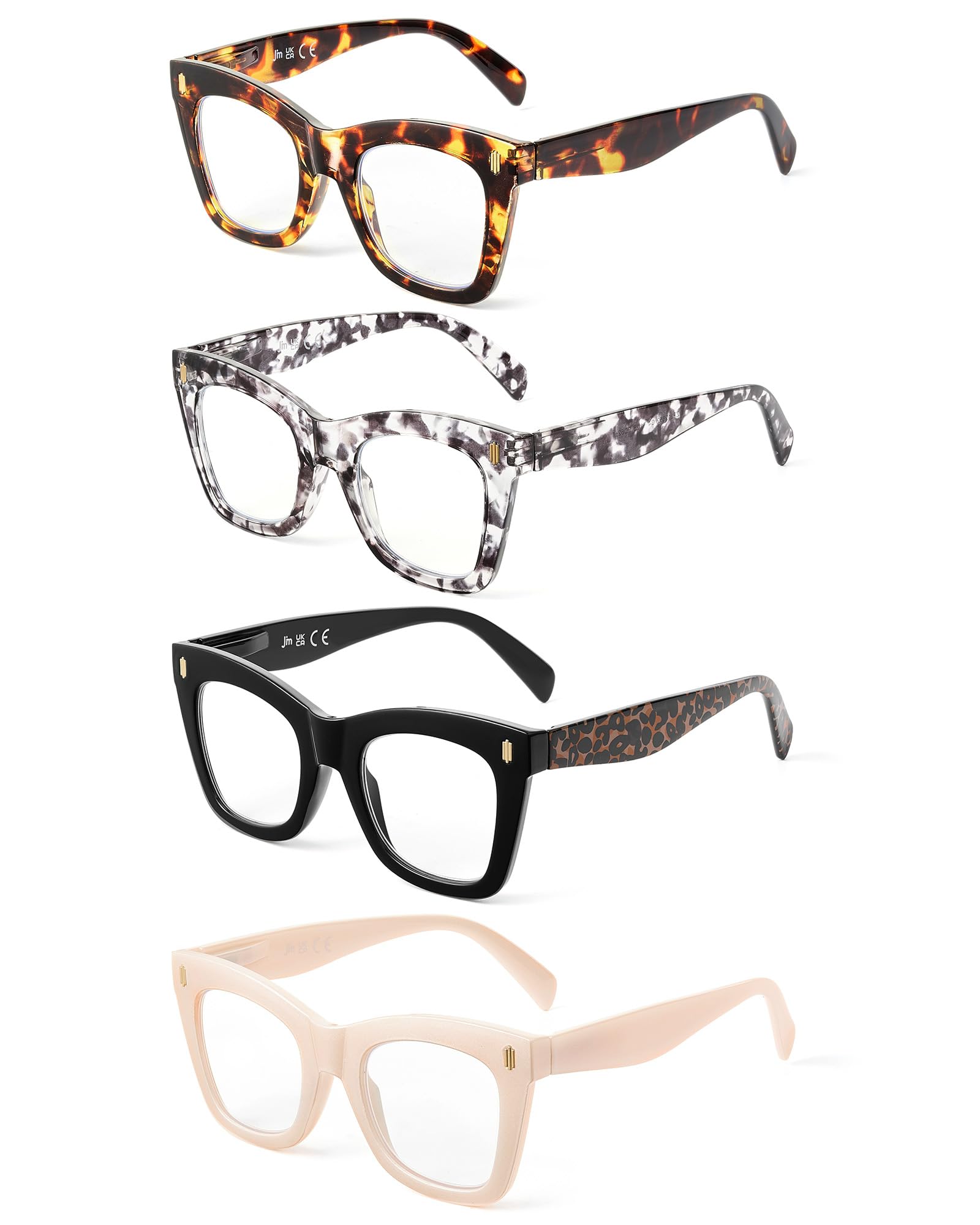 JM 4 Pack Gafas de Lectura para Mujer, Cuadrado Moda Grande Ojo de Gato Gafas Presbicia Luz Azul Lectores