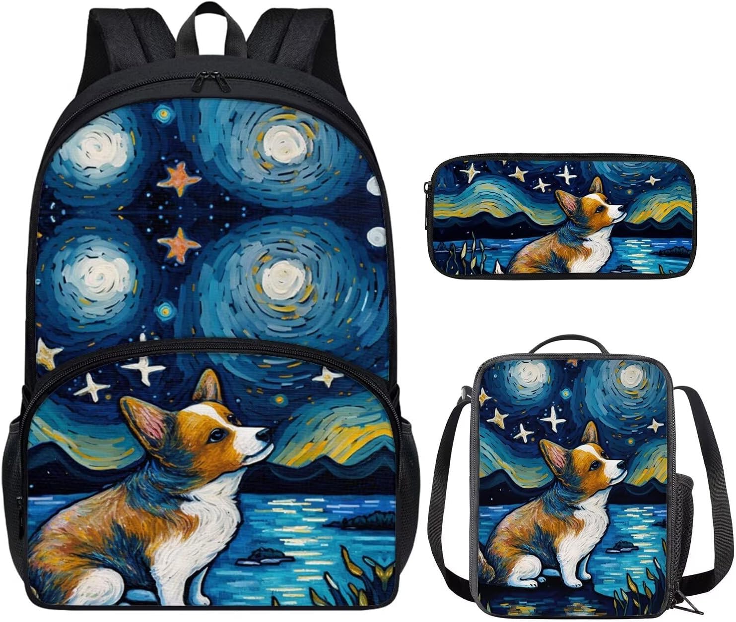 HUIACONG Cute Corgi Bookbag with Lunch Box Pencil Case Starry Night Interactive Animation Kids Satchel Set 3 In 1 Child Knapsack Back to School Girls Boys School Backpack