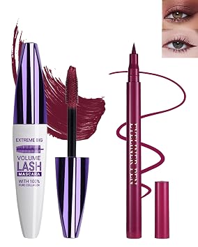 Burgundy Waterproof Mascara & Eyeliner, 5D Silk Fiber Lash Extension Colored Tube Mascara Volume and Length,Long-Lasting Smudge-Proof Volumizing Colorful Mascara & Liquid Eyeliner Pen Set for Women