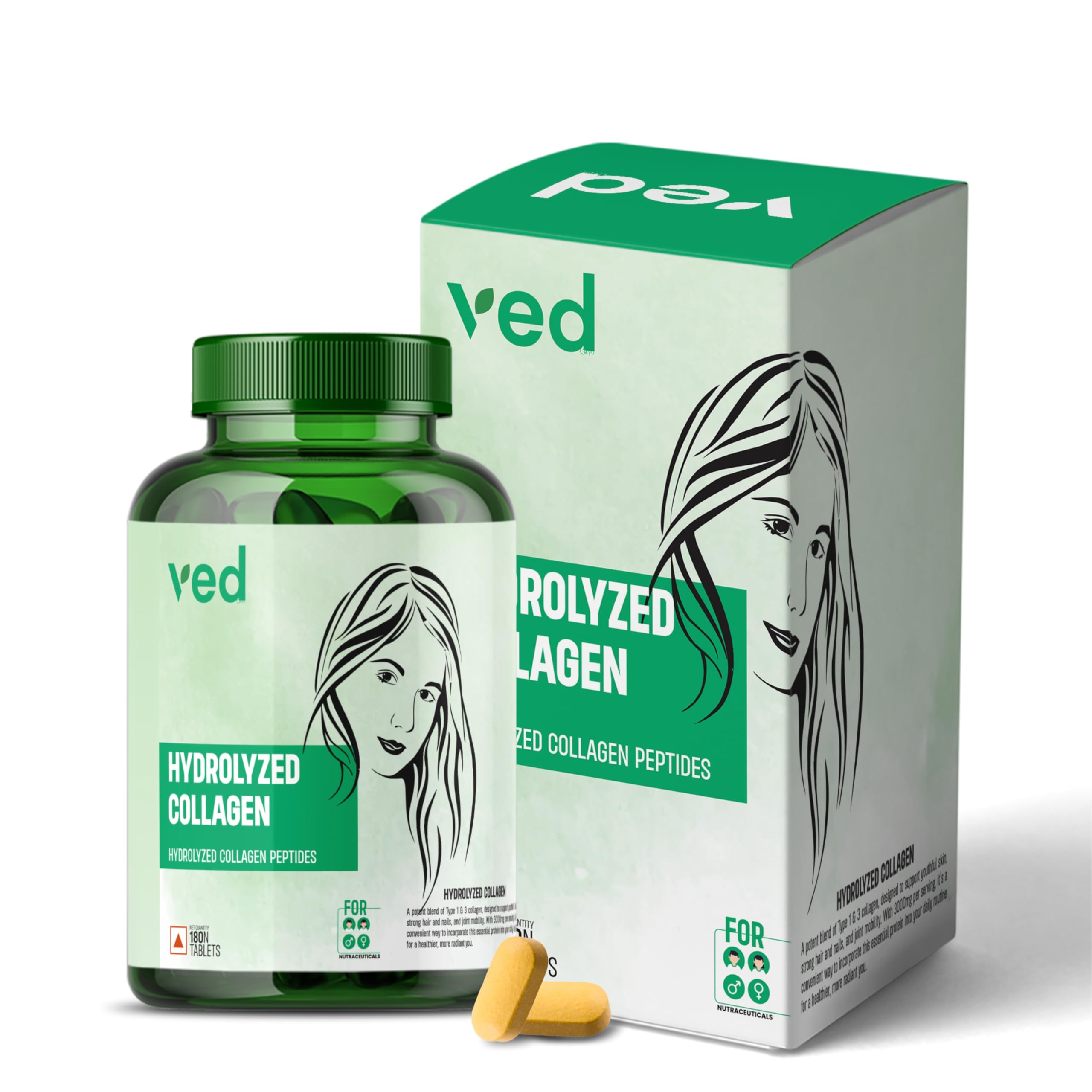 VEDayu Hydrolyzed Collagen Peptides| 3000mg with Type 1 & 3 Collagen Powder | For Healthy & Shiny Hair | Strong Nails | Optimal Skin | Bones Joint Care| For Men and Women (180 Tablets)