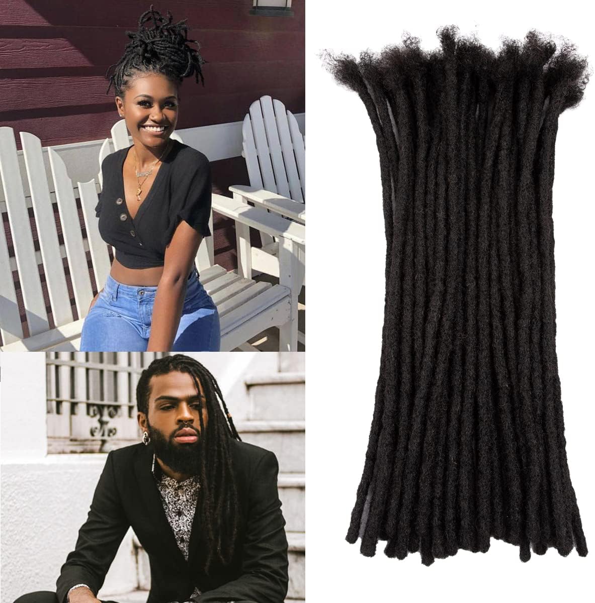 Teresa Medium 0.7cm Width 100% Human Hair Dreadlock Extensions for Men/Women/Kids Full Hand-made Permanent Dread Locs Extensions Human Hair (#1) (12 Inch, 1-20 Strands)