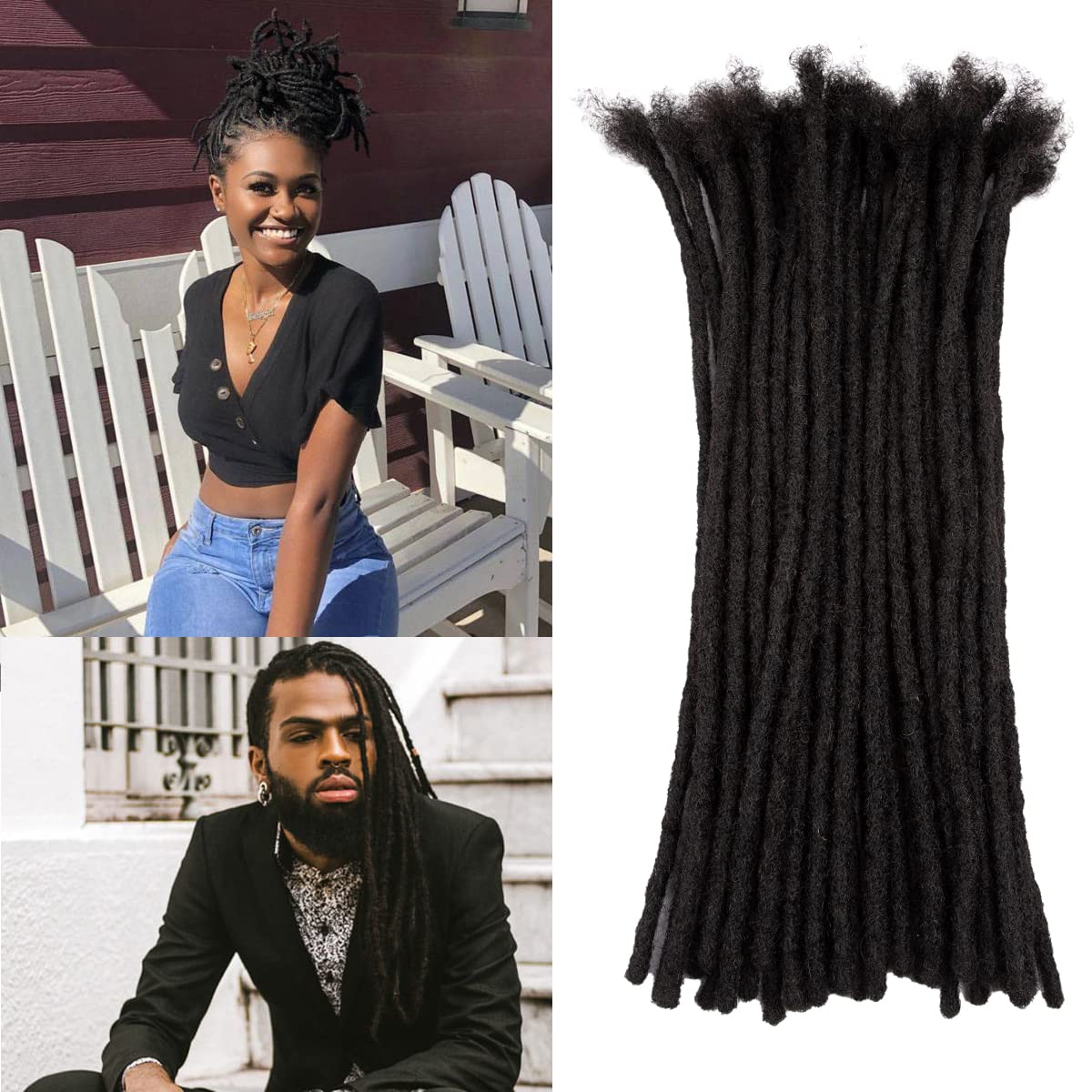 Teresa Medium 0.7cm Width 100% Human Hair Dreadlock Extensions for Men/Women/Kids Full Hand-made Permanent Dread Locs Extensions Human Hair (#1) (12 Inch, 1-20 Strands)