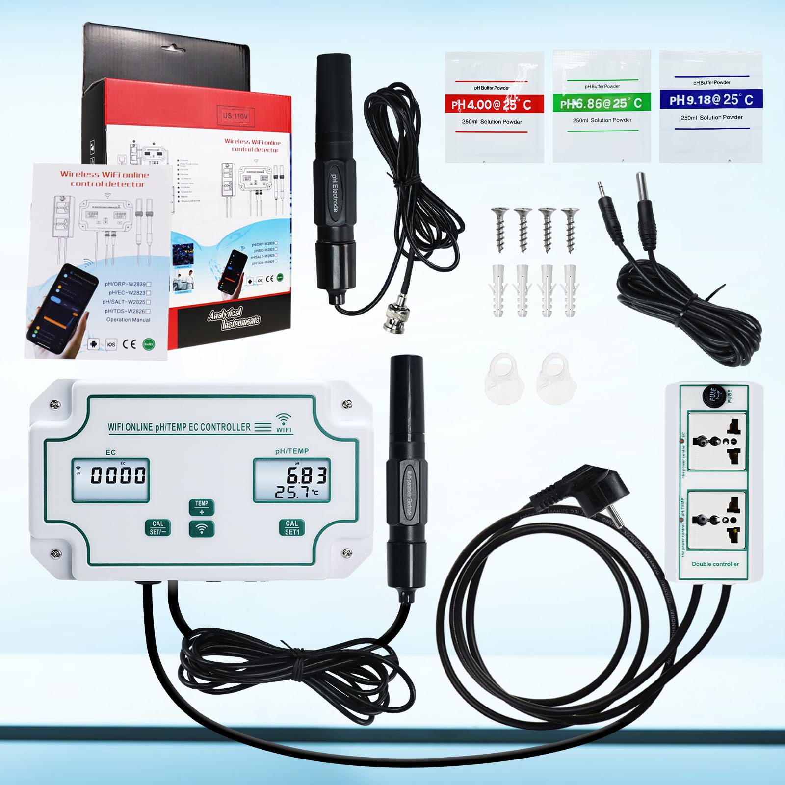 WiFi Smart Wasserqualität Tester pH, EC, und Temperatur Monitor kontinuierliche Online-Überwachung Tester mit LCD-Display, App Warnungen, Echtzeit-Daten, austauschbare Sonden für Hydroponik, Aquarien