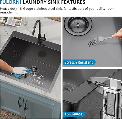 Miniatura 117 de Fregadero de lavandería de 25 x 22 pulgadas, montaje superior, acero inoxidable T304, calibre 16, 12 pulgadas de profundidad, fregadero individual