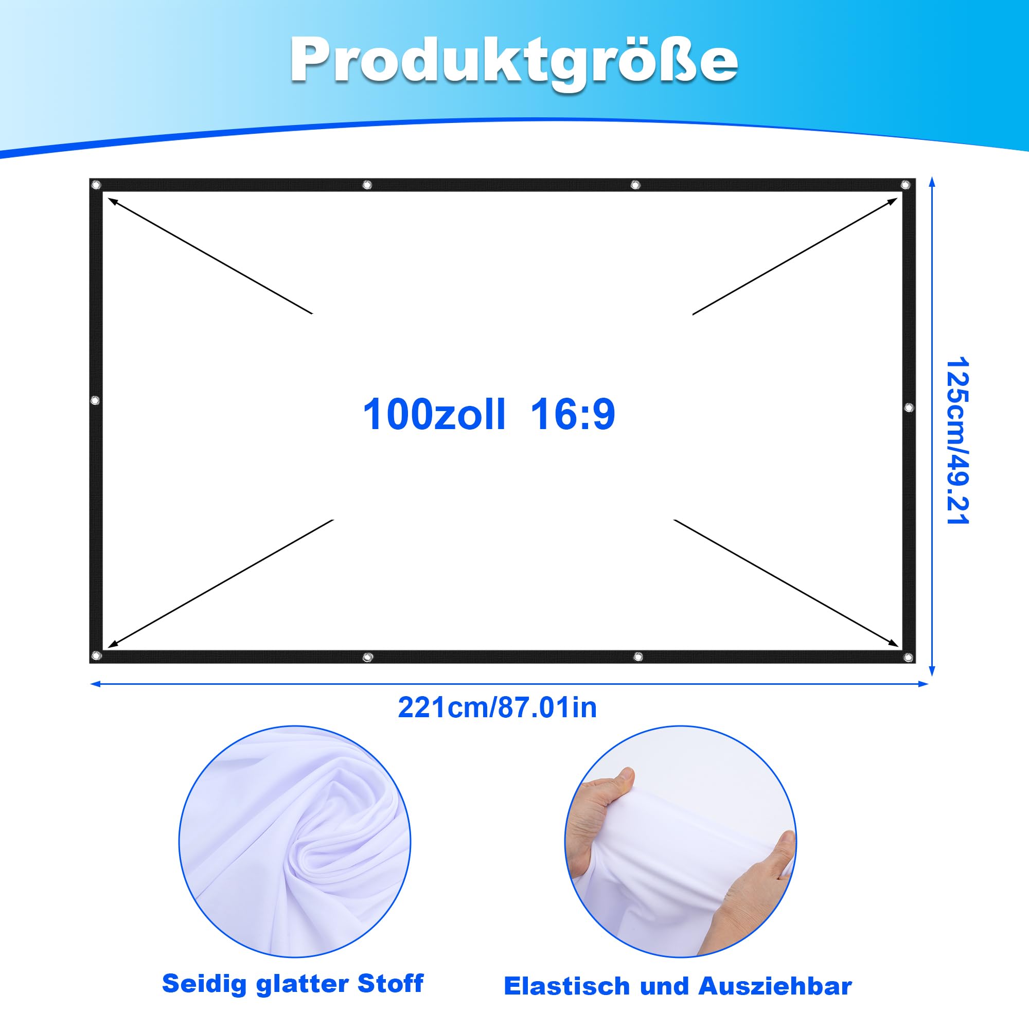 Écran de Projection 100 Pouces 16:9 4K Full HD Pliable Anti-Plis pour Cinéma Maison