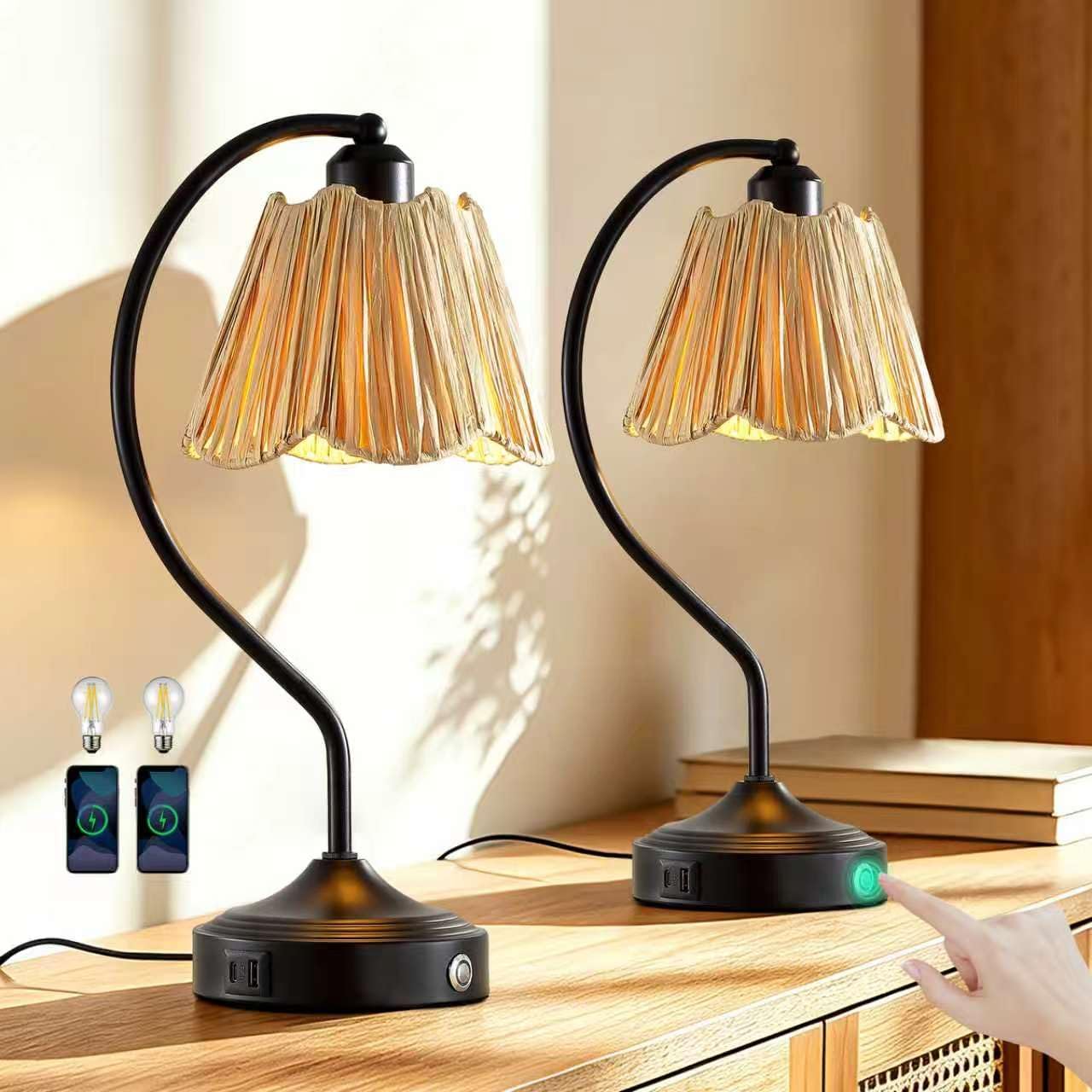 Set of 2 Vintage Small Touch Table Lamps with USB A+C Ports