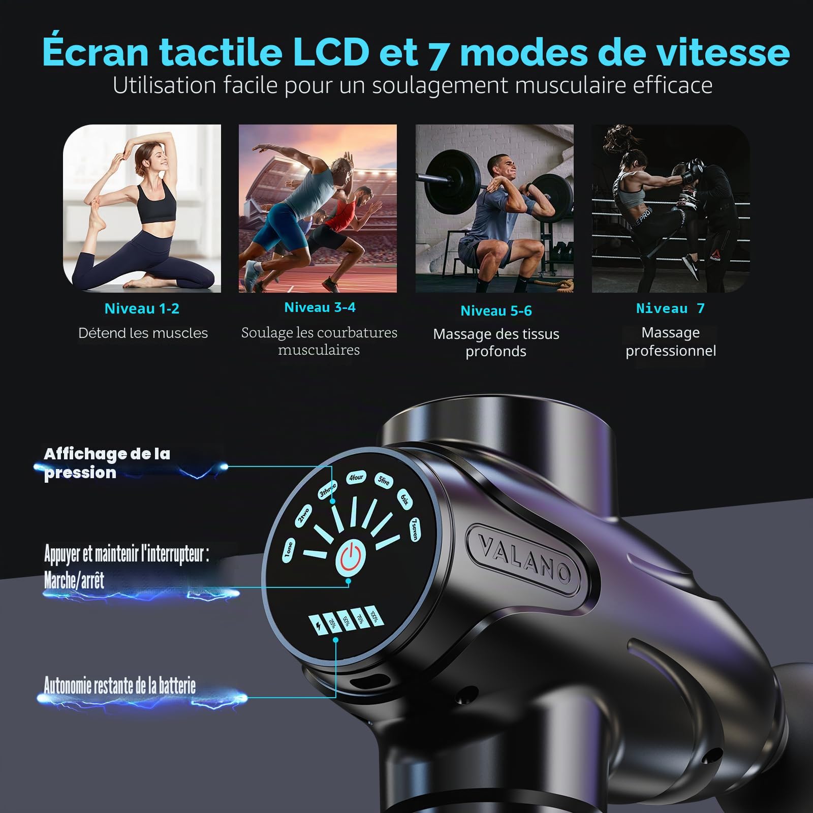 Valano Pistolet de Massage Musculaire Professionnel, Massage Gun avec 10 Têtes & 7 Vitesses Masseur Dos et Cervicales Silencieux Appareil de Massage Électrique pour Sportif, Idée Cadeau Homme et Femme