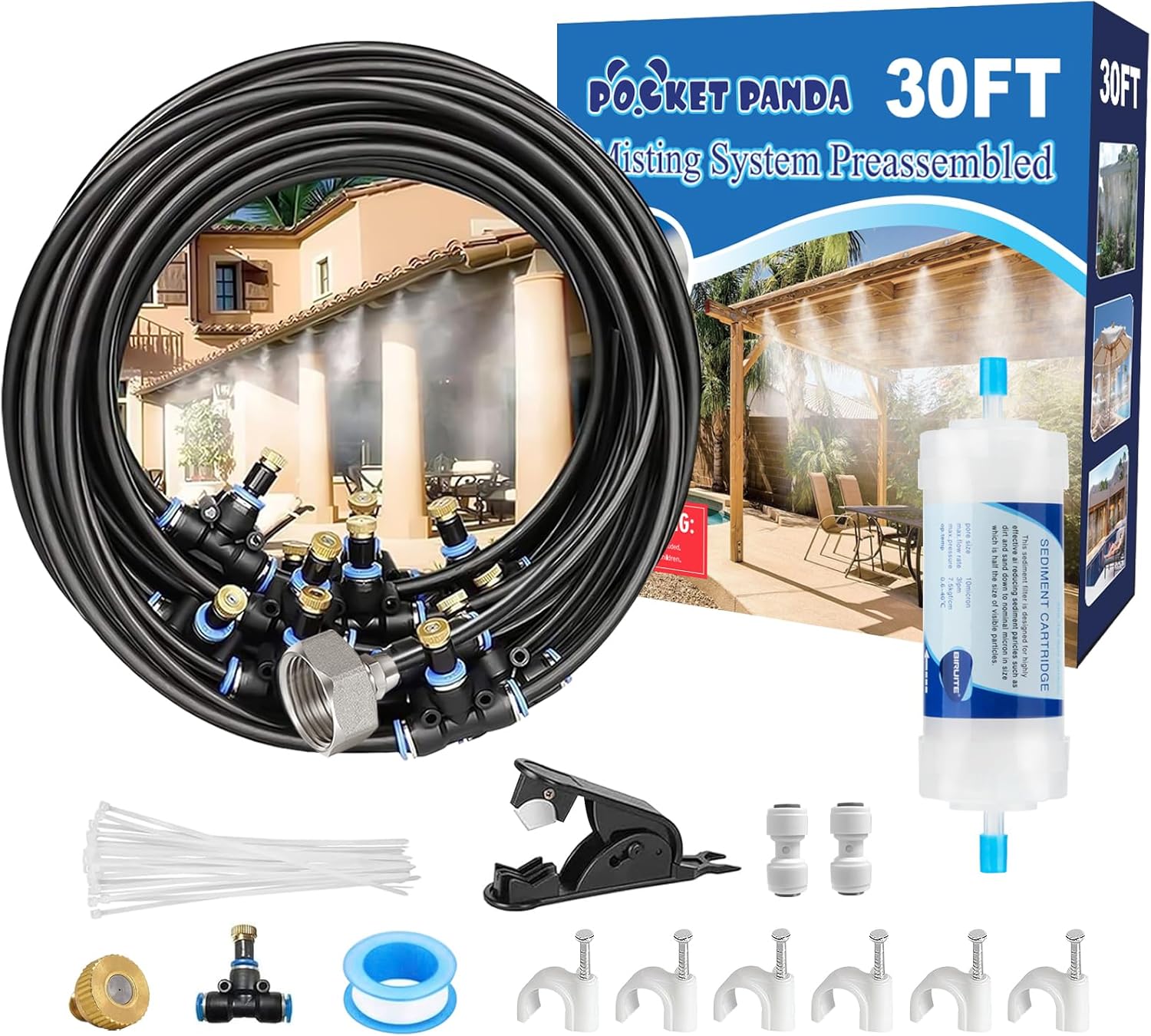 POCKET PANDA Pre-Assembled Misters for Outdoors Patio,Out of doors Misting Cooling System w Filter,30FT|9M.Yard Mist Equipment for Backyard,Greenhouse,Deck,Umbrella,Cover,Pool,Porch,Trampoline,ParkBBQ Social gathering