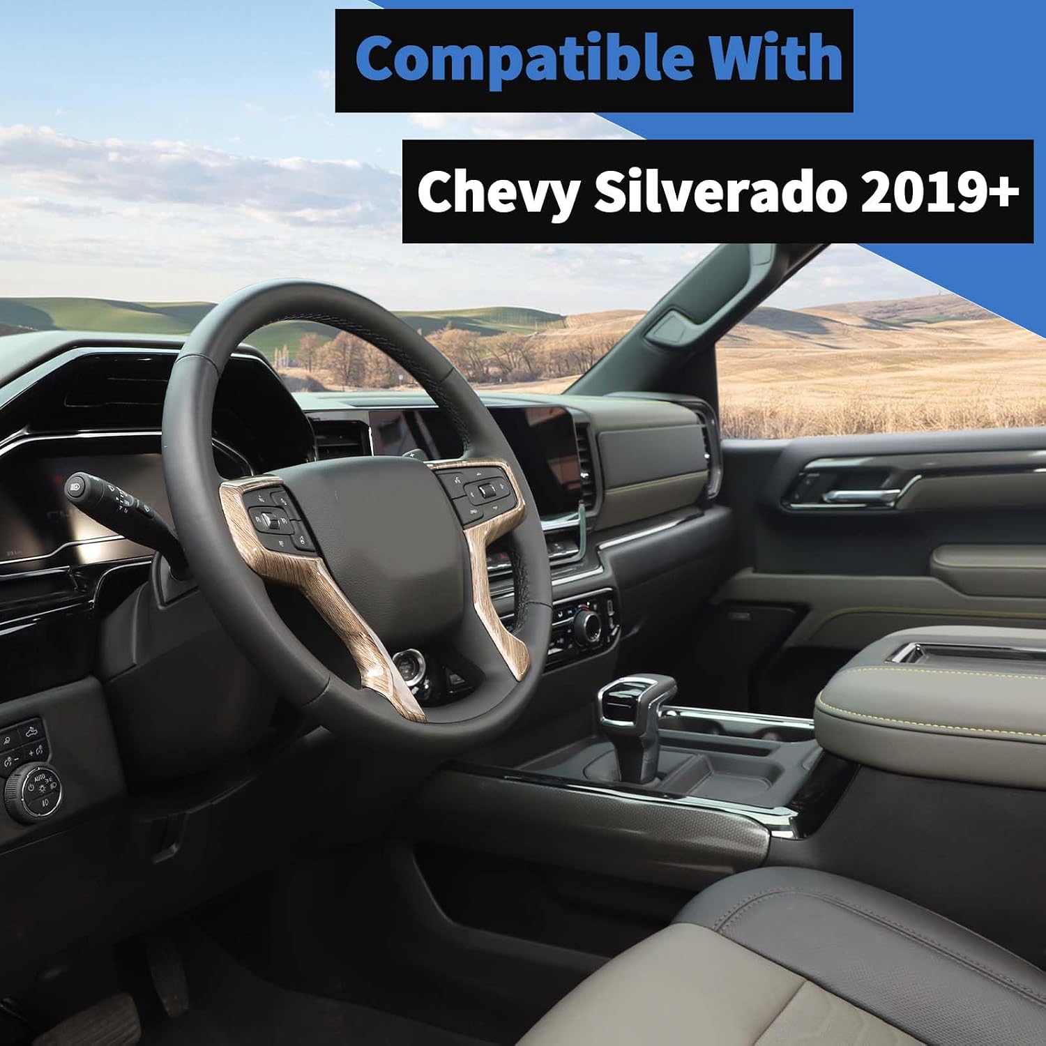 Voodonala for Chevy Silverado Steering Wheel Panel Cover ABS Antidust Carbon Fiber Black Style Steering Wheel Cover Trim Compatible with Chevy Silverado 2019+ (2Pcs/Set,Wood)