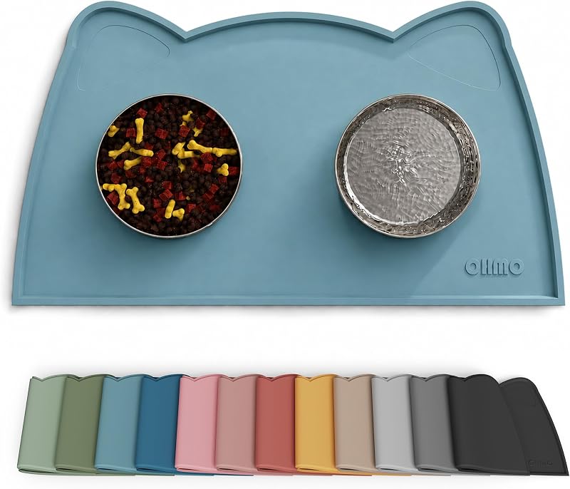 Tapete de silicone para comedouro de gatos OHMO, com borda elevada e antiderrapante, Azul-claro, 46,0 x 25,0 cm