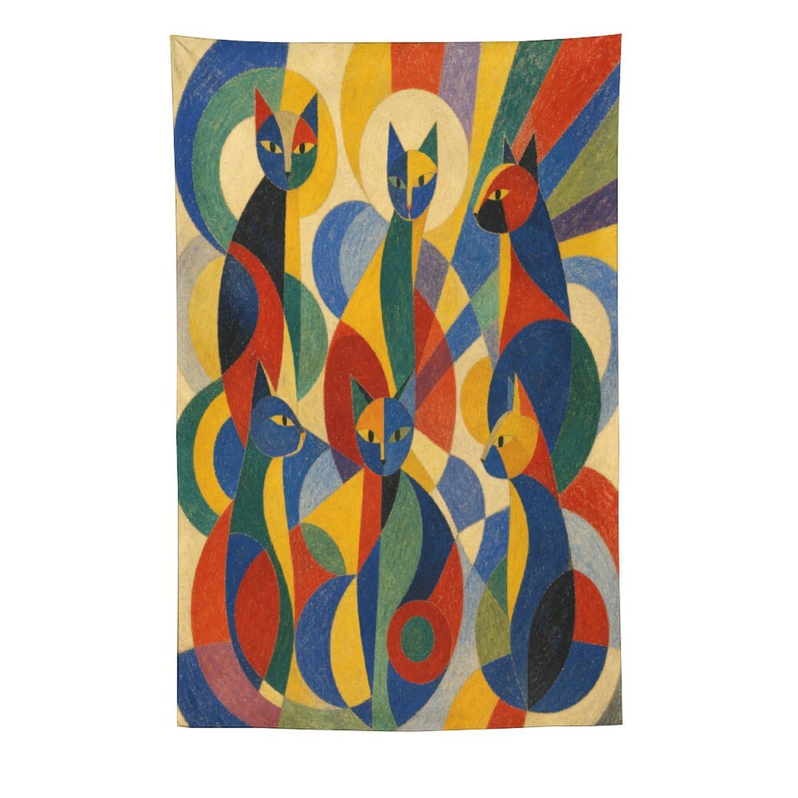 H3B8U2Y5 Colorful Cat Group Wall Tapestry, Geometric Art Style, Entryway