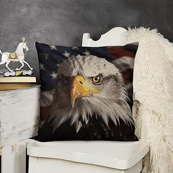 Decorative America Flag and Eagle Linen Pillow Covers 18x18 Throw Pillow Cover with Invisible Zipper Boho Farmhouse Pillows Shams Cushion Case for Bed Sofa Living Room Home Decor 2pcs