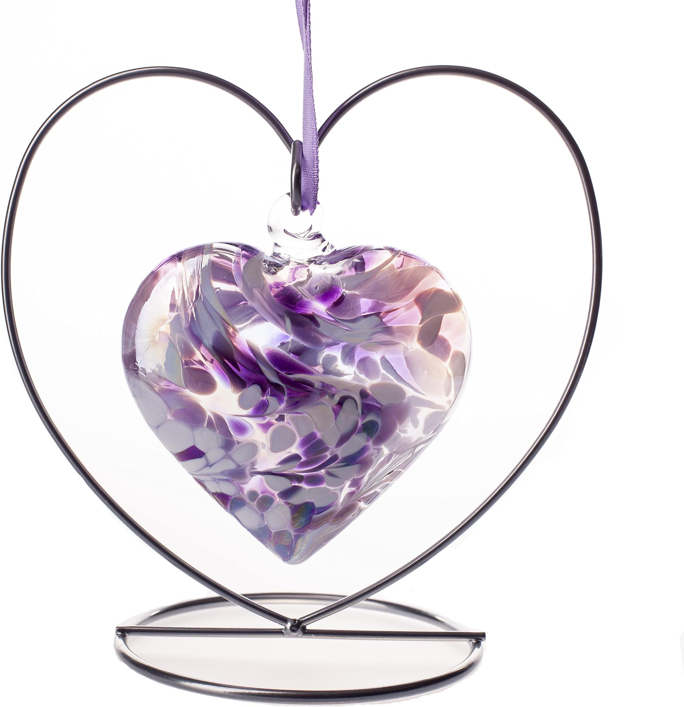 Amelia Art Glass Friendship Heart 100mm in Violet & White with Heart Stand