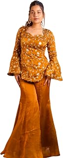 Zenolyx Women's Fandy Silk Embroidered Short Kurti and Palazzo Set | Mustard Yellow Sequin Work Top with Bell Sleeves & Fl... Price In India