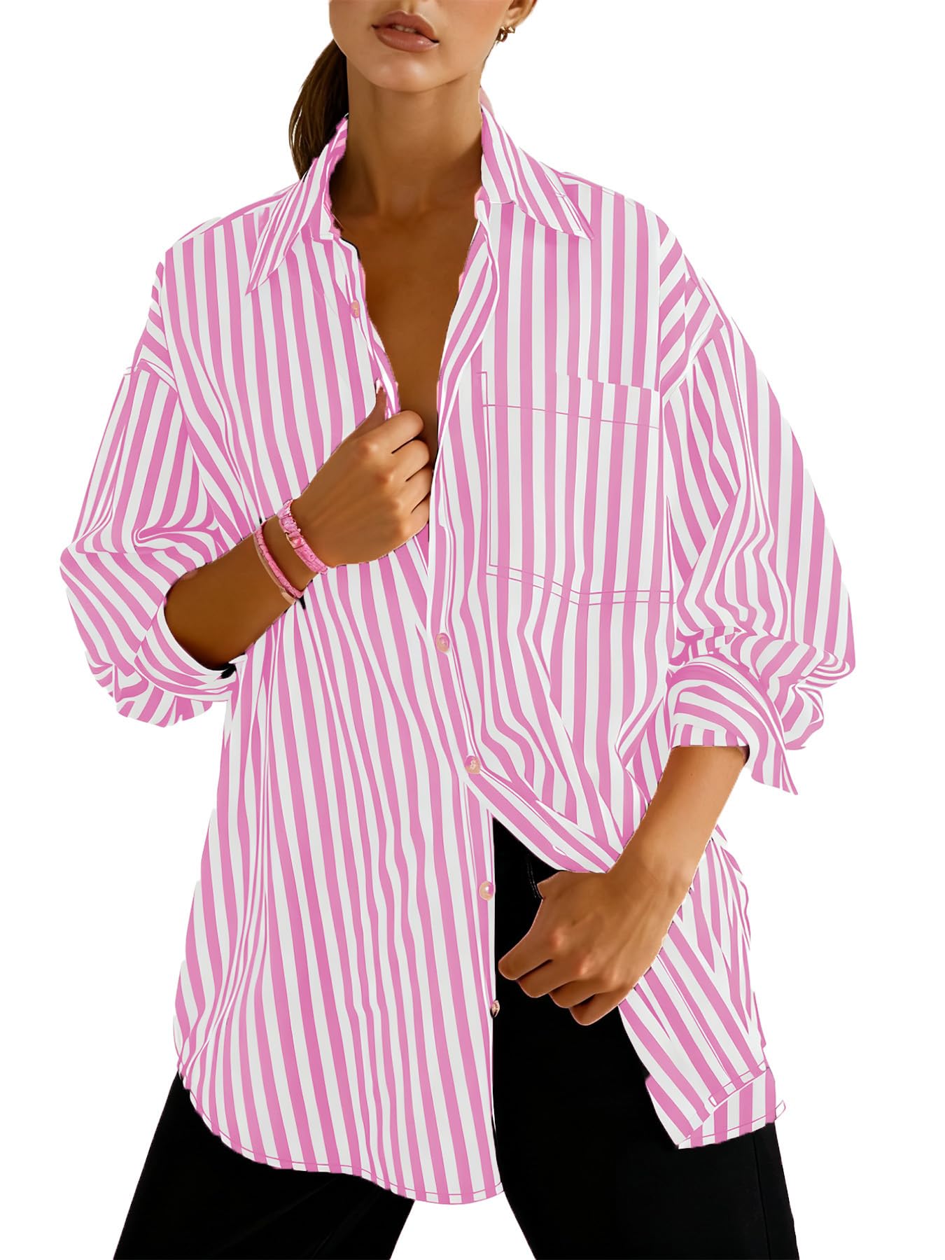 Dressmine Camicia oversize da donna in cotone, a righe, a maniche lunghe, con colletto e bottoni, camicia casual con tasca