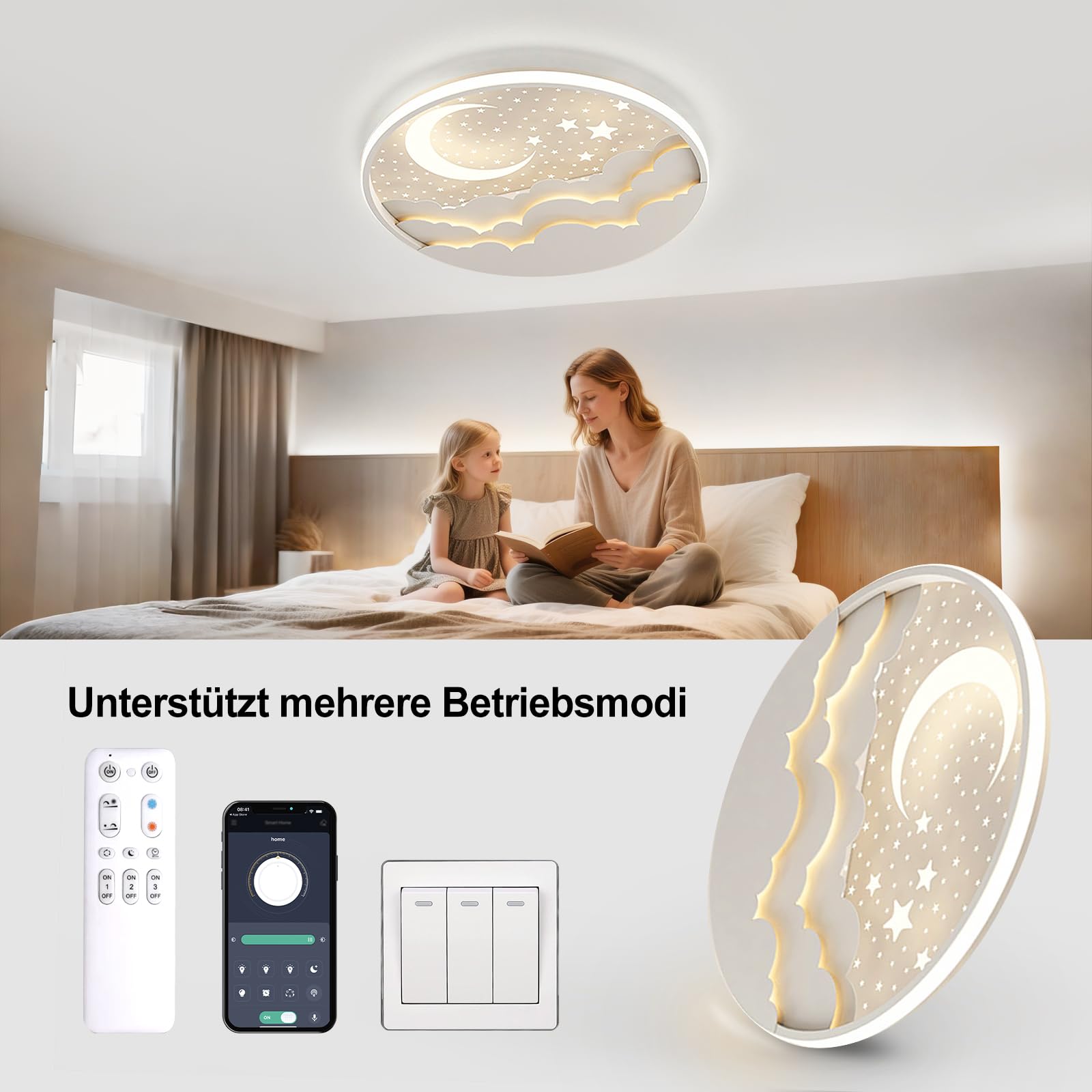 YZBEIMDAI Lampada da soffitto a LED per bambini, 50cm Stella Luna Plafoniera Cameretta Bambini Dimmerabile con Telecomando APP, 3000-6000K, Per Ragazzi Ragazze Cameretta