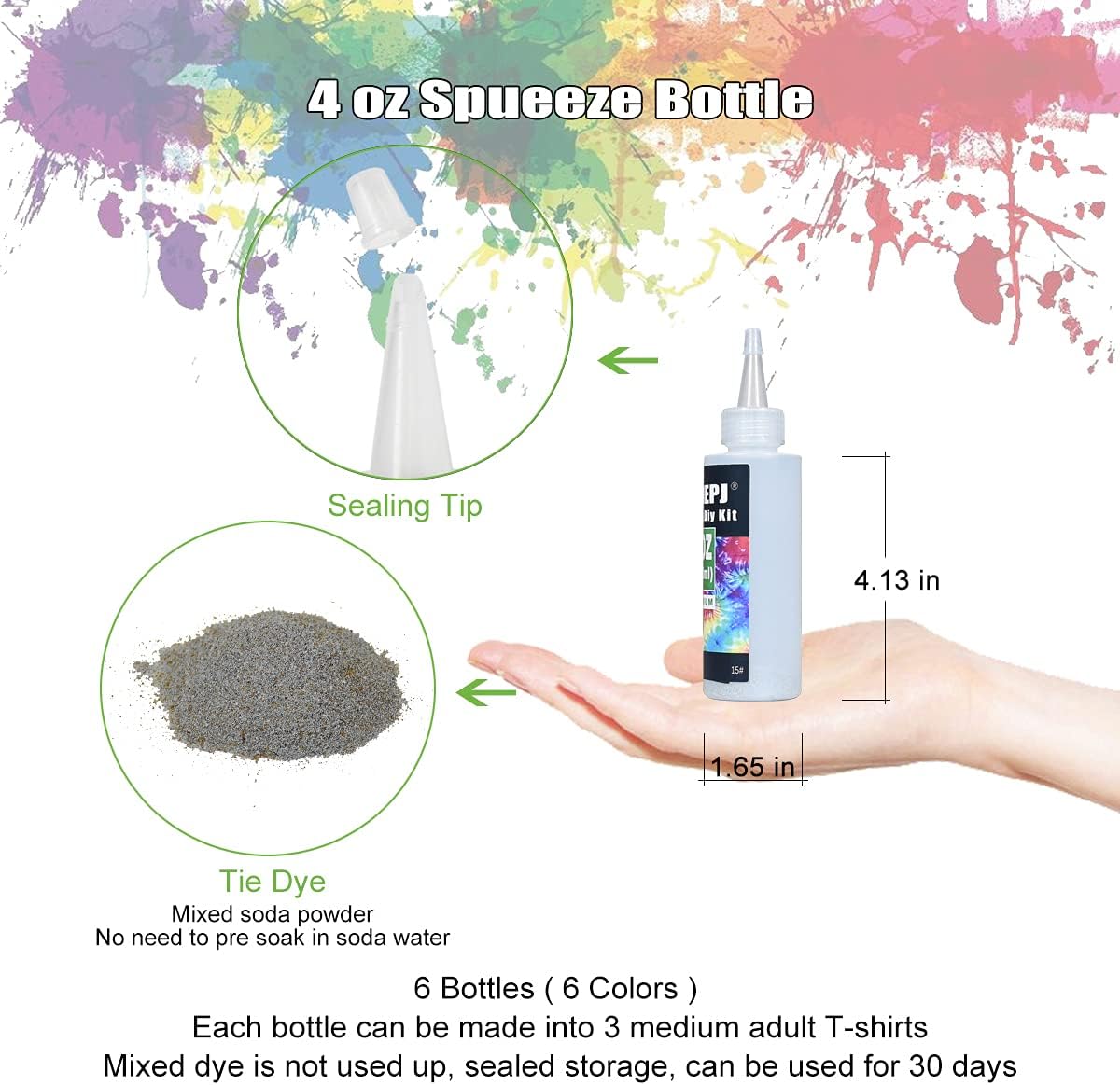 6 Colors Tie Dye Kit,Textile Manual Dyeing Projects,One Step Fabric Dye kit (6 Colors, 4 fl.oz per Bottle)