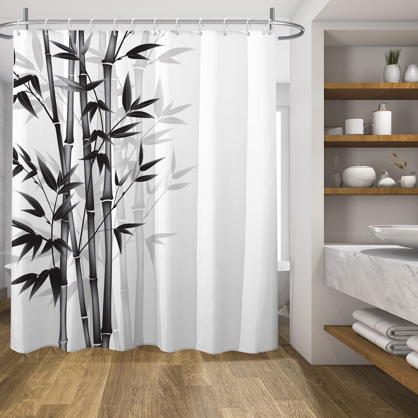 DecoreagyBlack Bamboo Plant Shower Curtain Set for Bathroom,Modern Minimalism Art Waterproof Fabric Stall Shower Curtain with 12 Hooks Rings Extra Long Size 72x72in