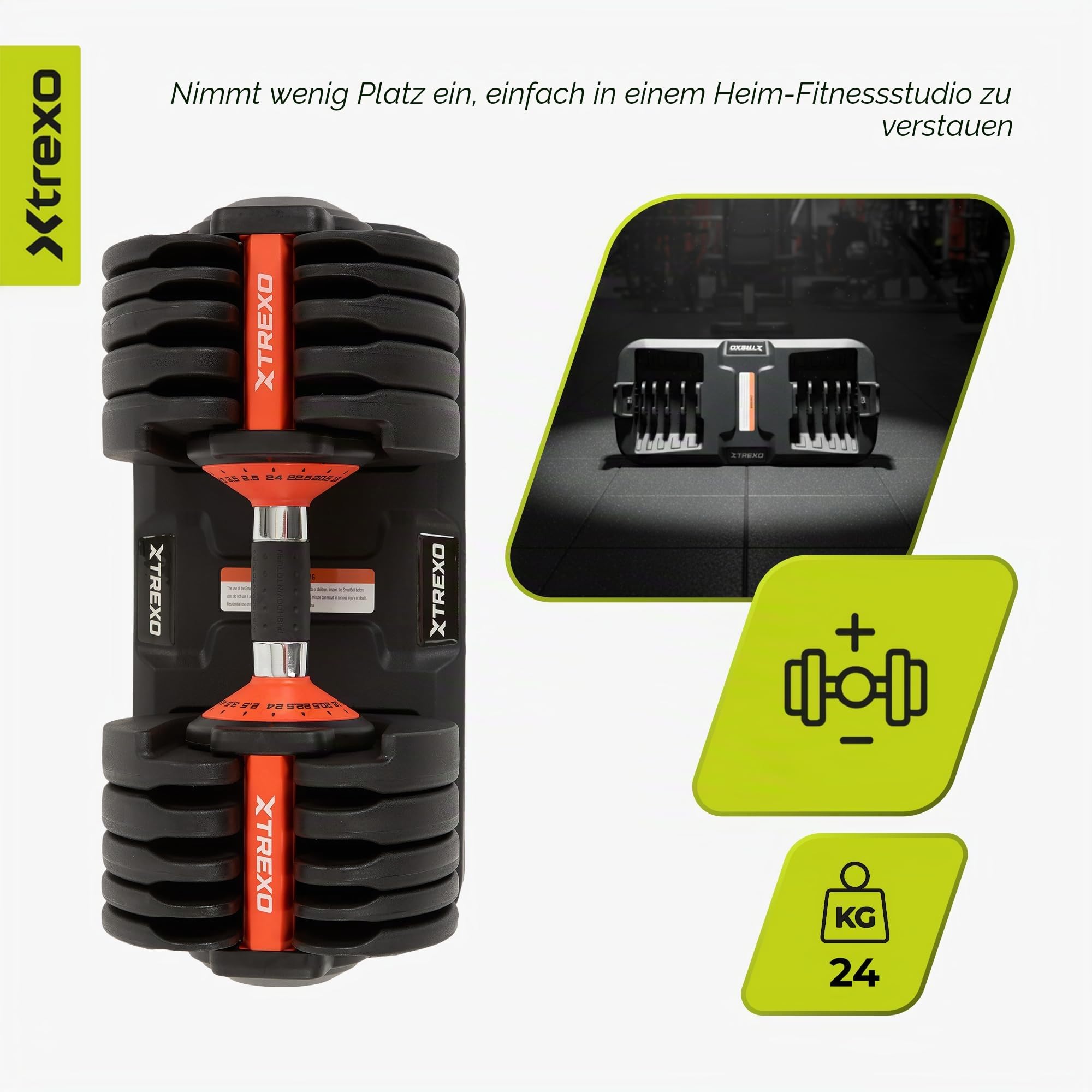 Schnelle Gewichtsanpassung im Griff – Trexo EVO Verstellbare Kurzhantel – Stahlzahnrad & rutschfester Chromgriff – 24 kg Set mit Ablage – für Krafttraining im Home Gym