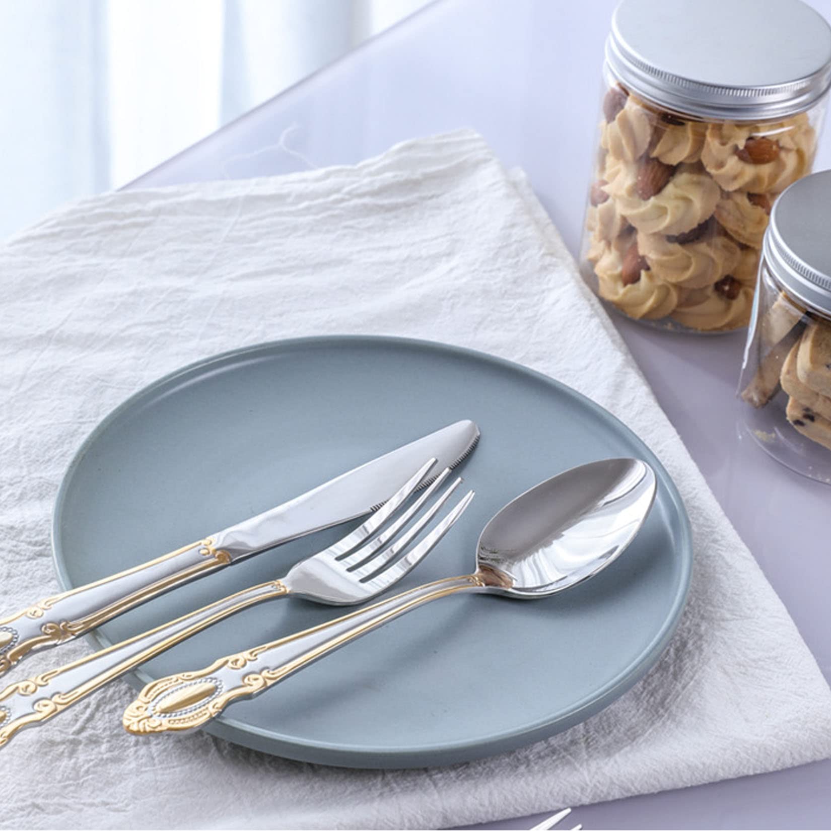 Juego De Cubiertos Para 2, Juego De Cuchillo Y Tenedor De Carne De Acero Inoxidable, Estilo Creativo Minimalista Moderno, Adecuado Para Hoteles, Hogares, Restaurantes,Plata,2set