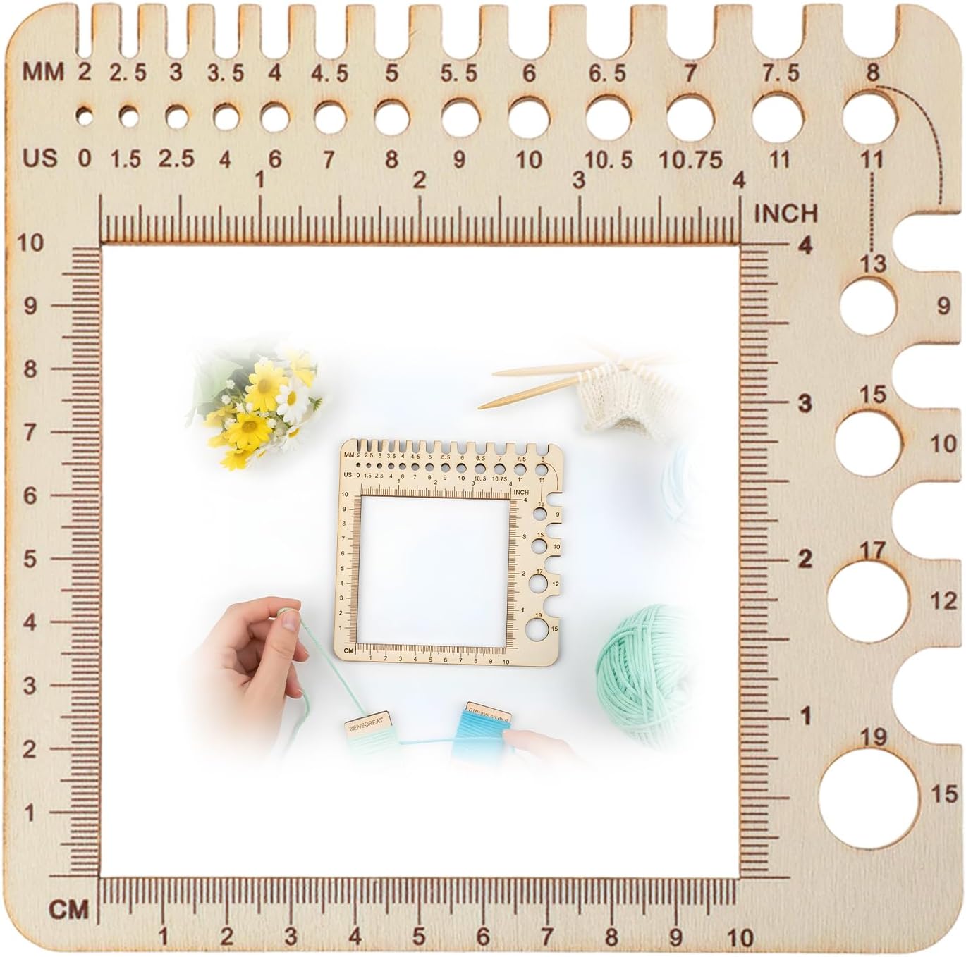 Wooden Rulers Wooden Knitting Crochet Gauge Ruler Stitch Counter Spinner Yarn Measure Tool Square Craft Accessory for Needles