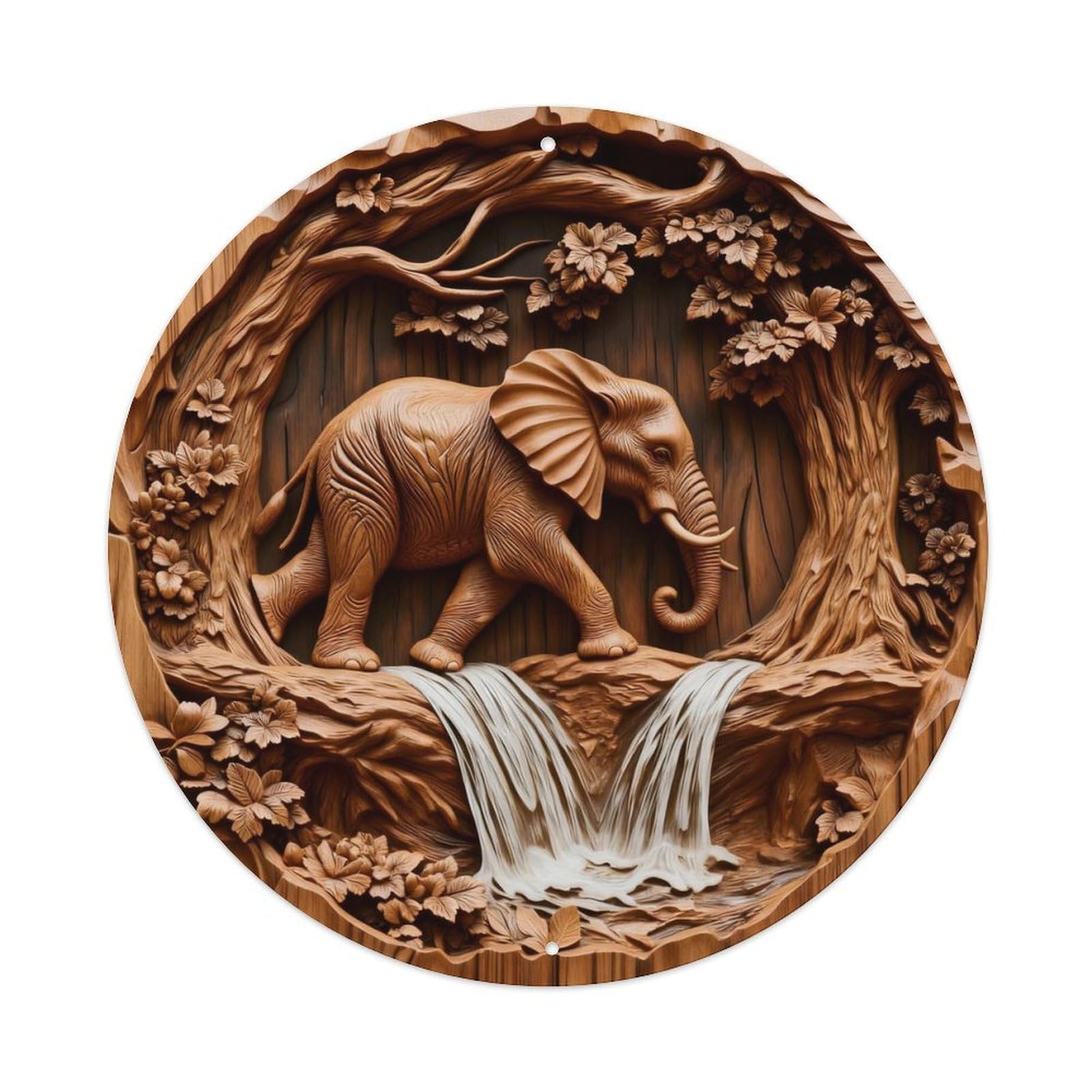 Zlatcbu Vintage Elephant Waterfall Tree Flowers Wood Carving Metal Tin Sign Retro Wall Art Poster, Decor For Home Living Room Bar Cafe Garage, 8X8 Inch