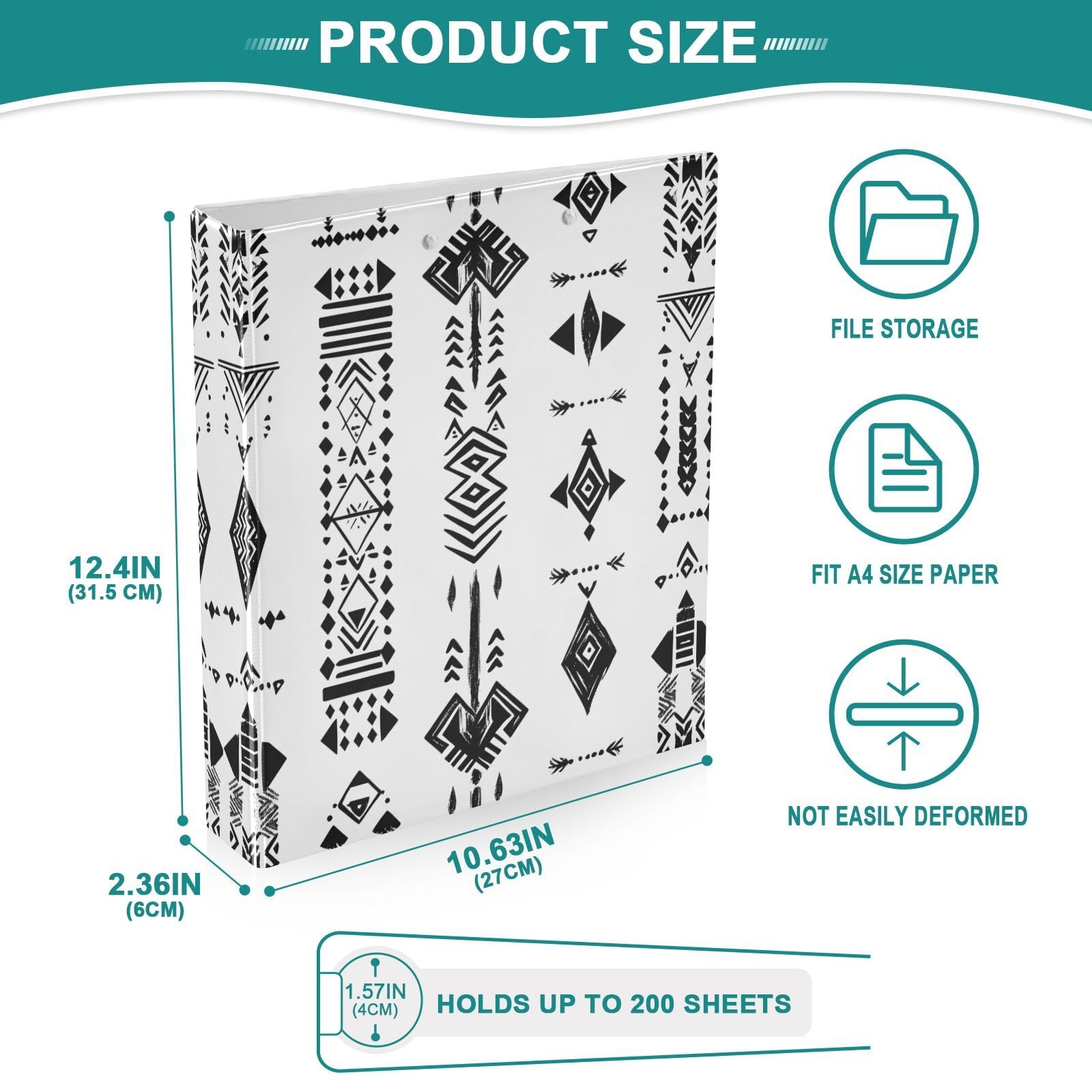 Confezione da 2 raccoglitori a 3 anelli, motivo geometrico azteco, 3,8 cm, con 3 tasche trasparenti, portablocco e contiene 200 fogli, per ufficio, scuola, organizzazione domestica