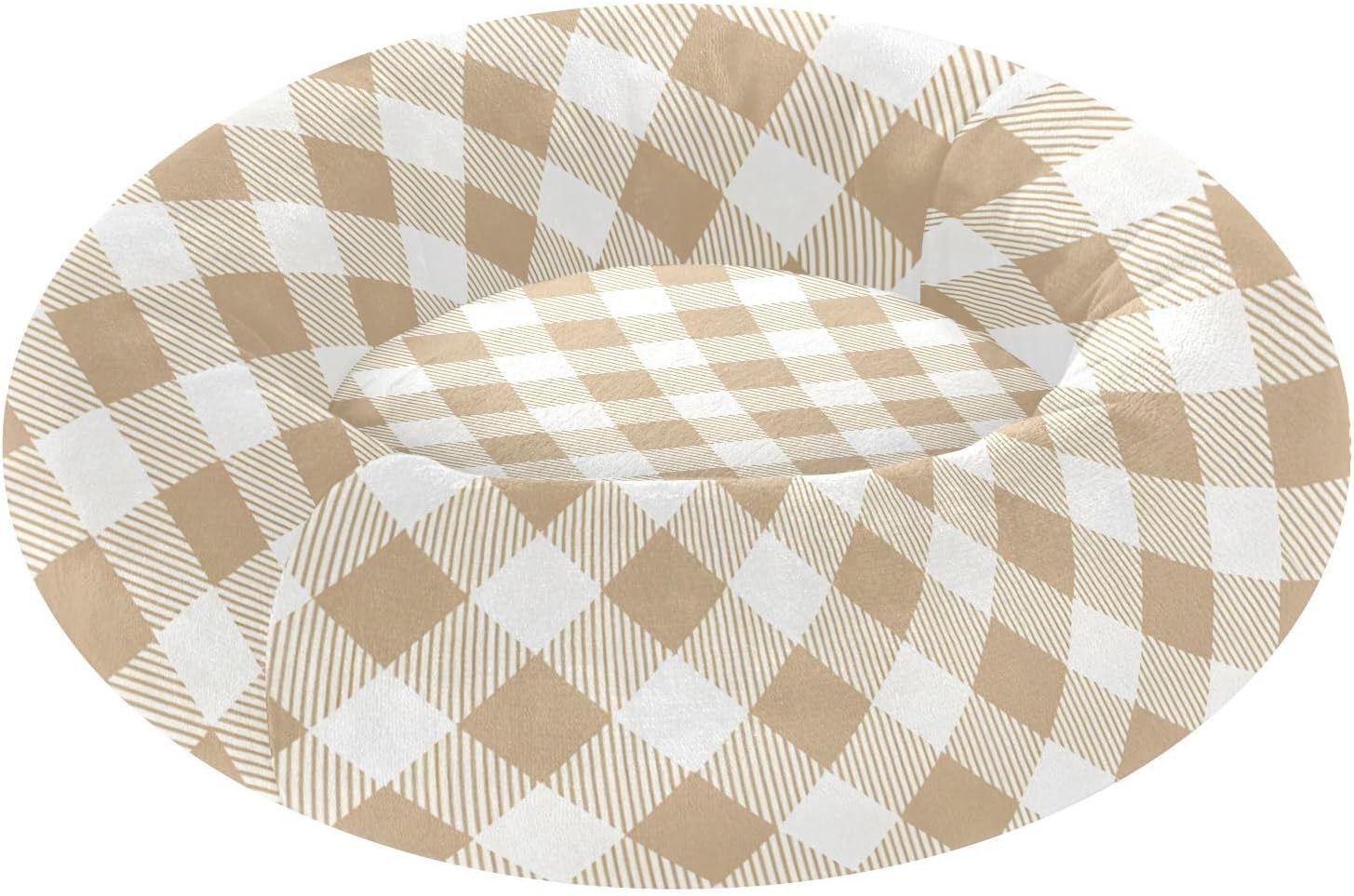 Dog Bed Ultra Soft Fluffy Comfortable Cat Bed, Oat Color Plaid Washable Dog Beds Anti-Slip Round Pet Beds for Medium Dogs
